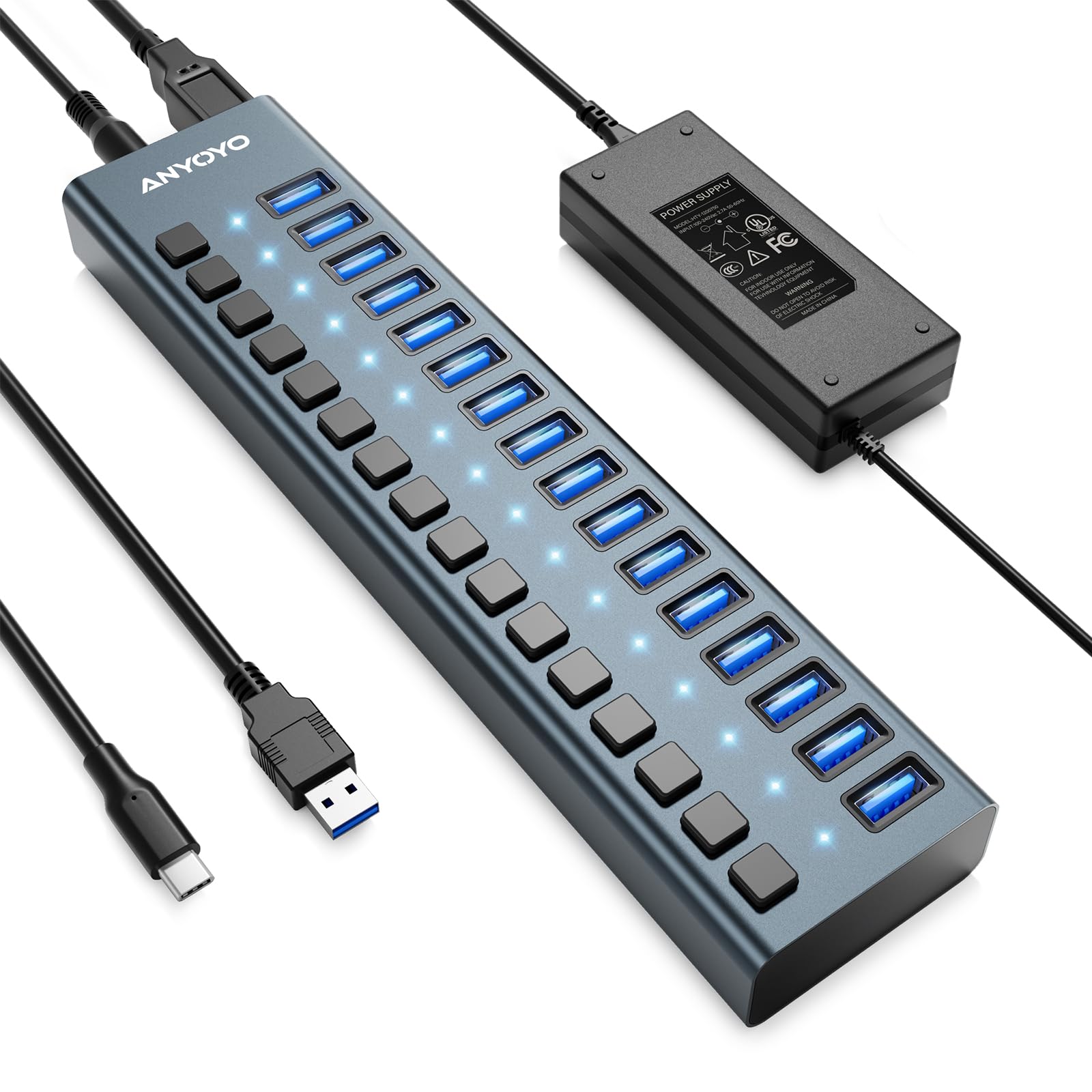 Hub USB Alimentato 90W (12V/7.5A) - Multiport USB 3.1 con 16 porte A 10Gbps,ANYOYO multipresa usb per Laptop e PC,Dispositivi di Archiviazione- Alluminio