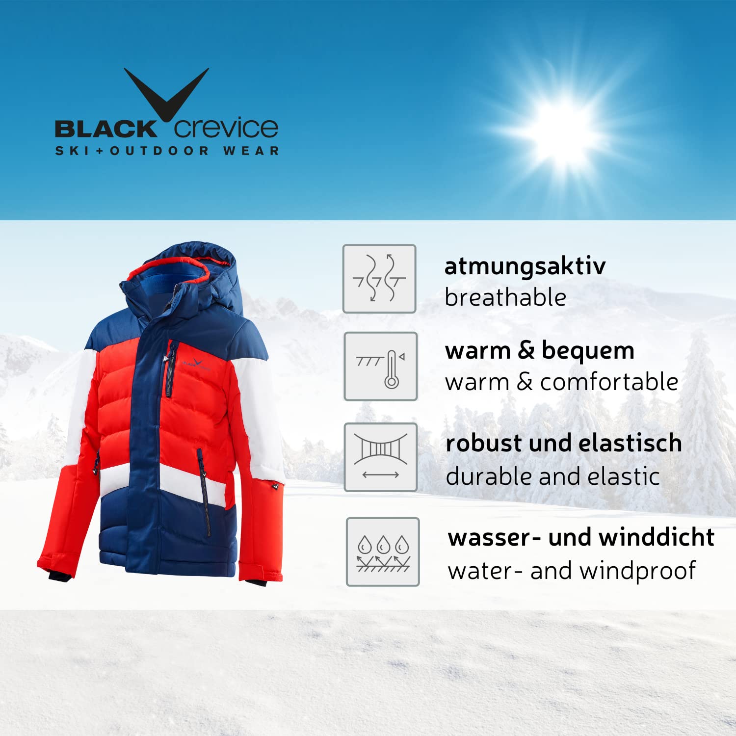 Black Crevice Chaqueta de esquí infantil, chaqueta de invierno rompeviento e impermeable para niños, bolsillos impermeables con cremallera, con capucha