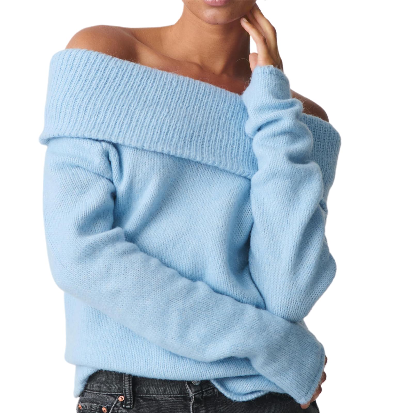 Women Y2k Off Shoulder Crop Sweater Casual Loose Long Sleeve Boat Neck Knit Pullover Solid Color Going Out