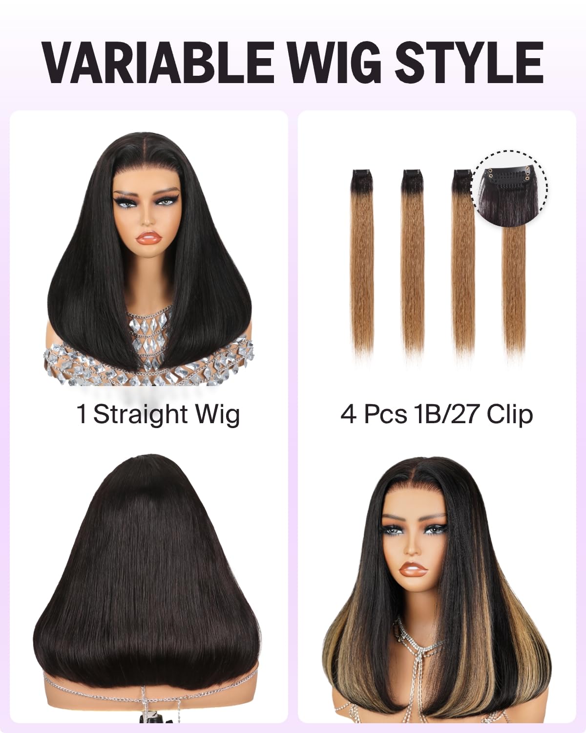 MEGALOOK Salon-Quality Human Hair Wig 6x5 Pre Cut HD Lace Front Wig Straight Glueless Wigs Human Hair for Black Women Pre Plucked Bleached Knots Wigs with 4 Pcs 1B/27 Clip in Hair Extensions 18 Inch - Image 2