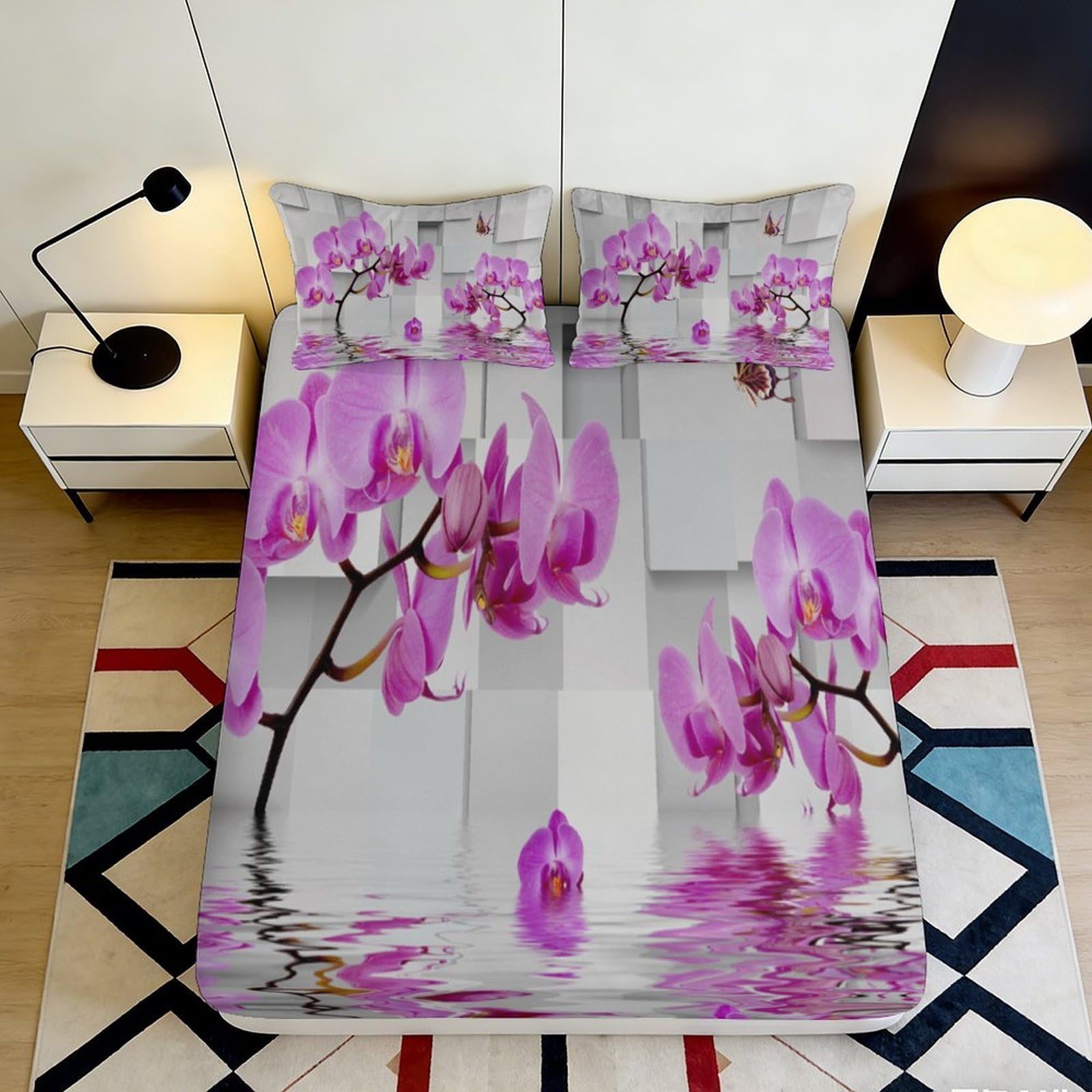 Pnayamiorkfel Style-1 3D Printed Pink Orchid Fitted Sheet Microfiber Floral Water Reflection Mattress Cover For Bedroom Guest Room Decor 90X200x25cm