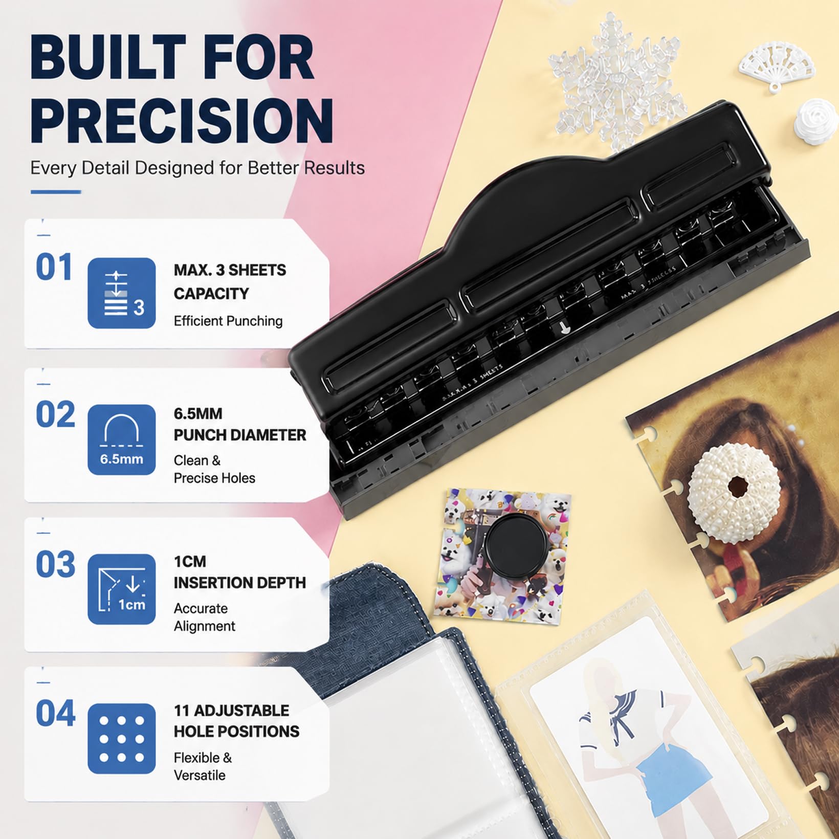 Perforatrice a fungo con 11 fori, perforatrice con marcatori di posizionamento | Pratica base per rifiuti di carta in plastica, strumento di rilegatura per quaderni adatto per carte A4 A5 A6
