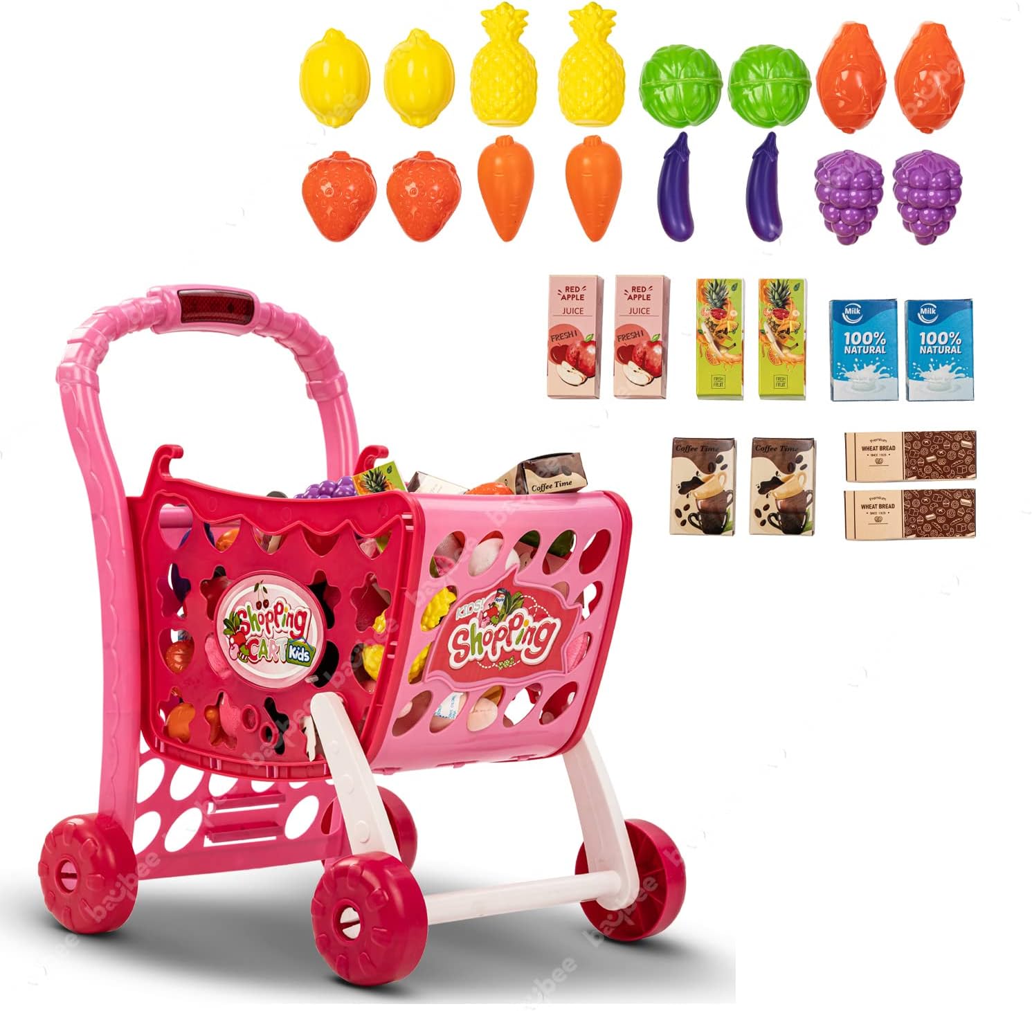Baybee Supermarket Shopping Cart for Kids with Light, Sound, Fruits, Vegetables Toys, Pretend Play Toys for Kids | Role Play Toys for Kid | Super market Shopping Cart for Kid 2+Years Boy Girl (Pink)