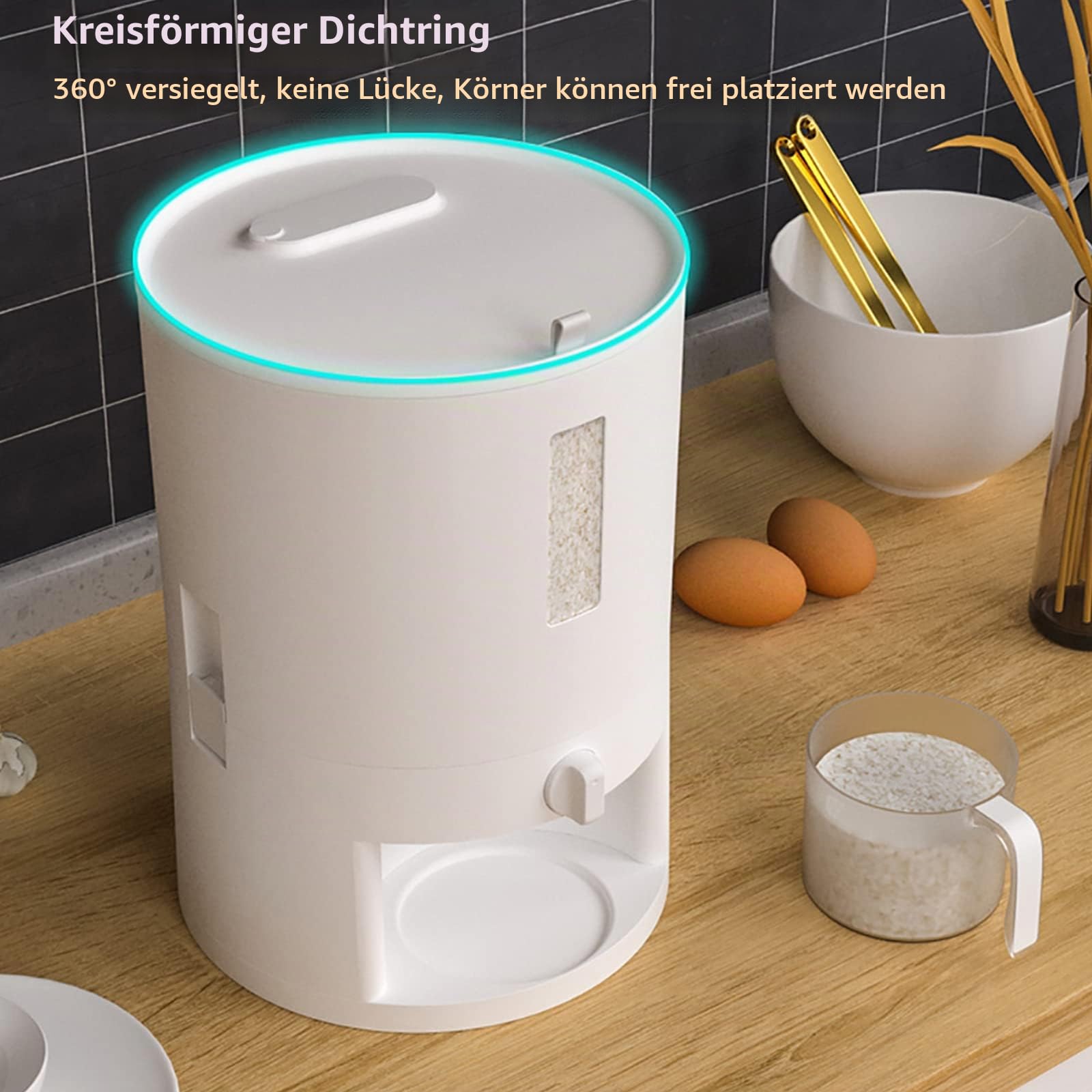 Reisspender Lebensmittelspender Müslispender Küche Luftdicht Behälter mit Deckel und Messbecher für Schwarzem Reis, Bohnen (20L)