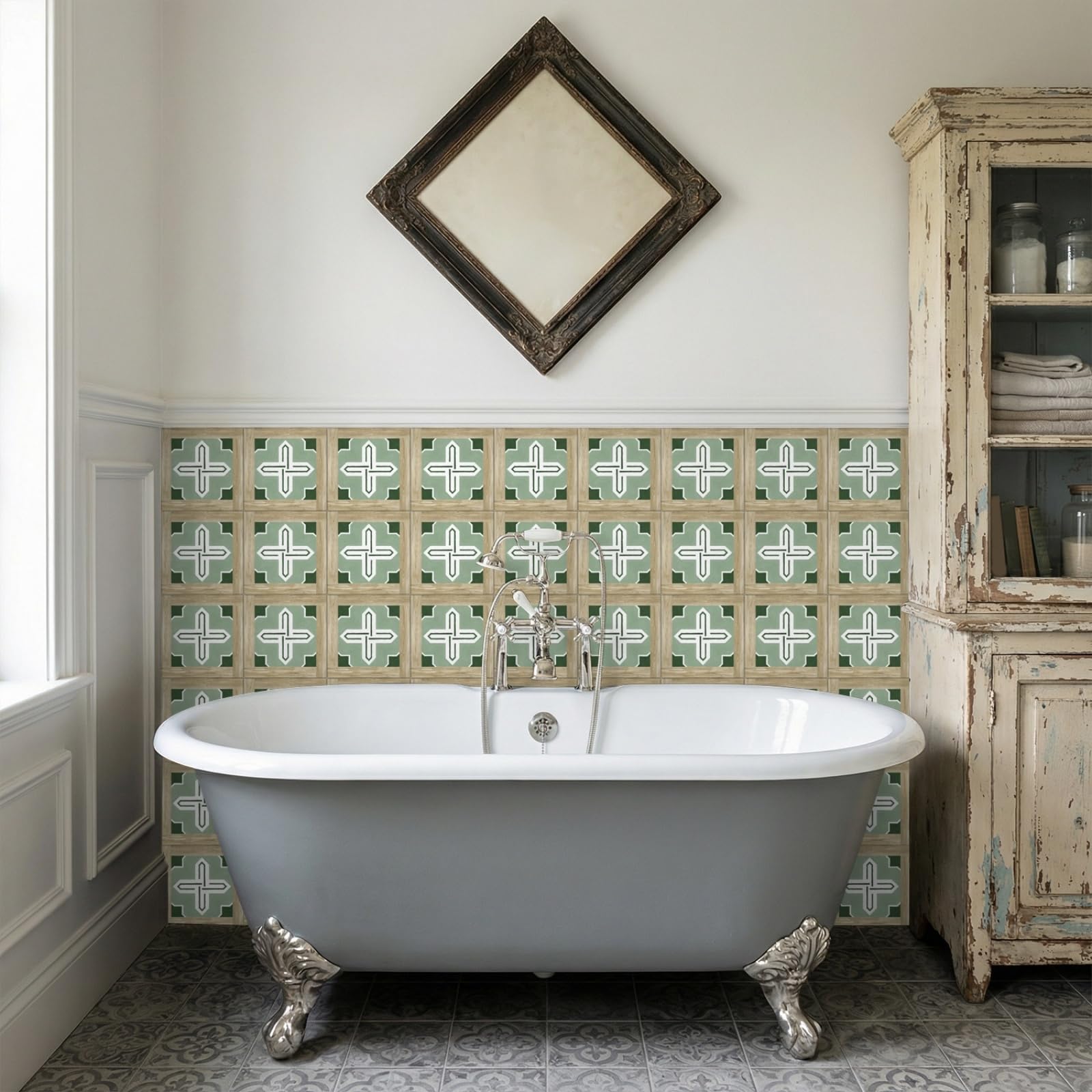 Rmjcxys Geometric Green Pattern Stick On Tiles Kitchen Tile Stickers Waterproof Vinyl Decals Self Adhesive Stick On Bathroom Tiles Backsplash Decorative Tile Covers 20X20 Cm/ 5 Pcs