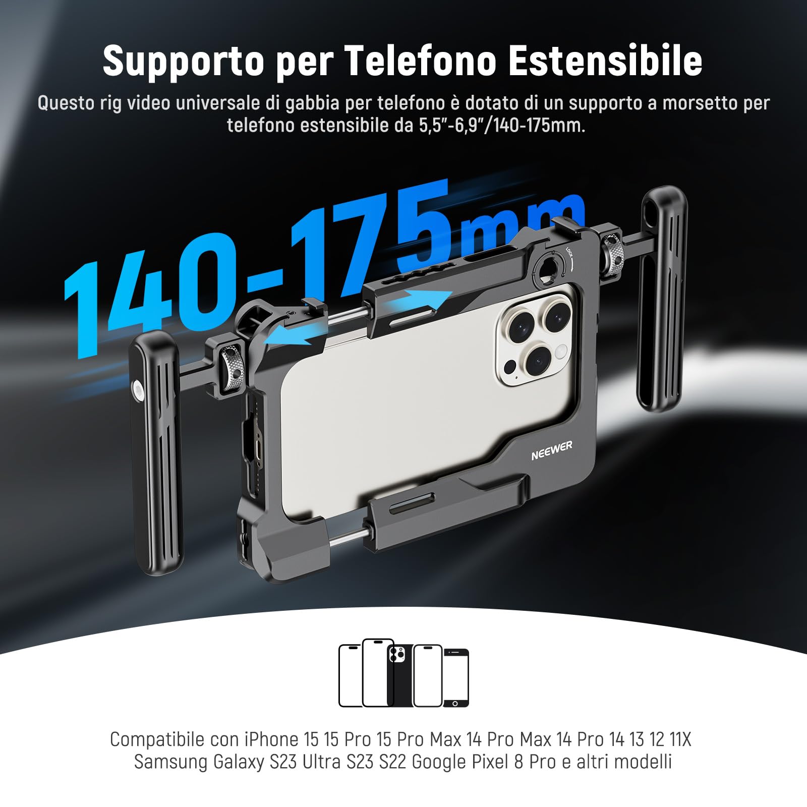 NEEWER Rig Video Universale per Smartphone con Maniglie Adattatore Filtro 67mm, Cold Shoe AntiCaduta Compatibile con DJI Mic, Stabilizzatore Gabbia per iPhone 16 Pro Max S24 Ultra Pixel 9 Pro, PA017