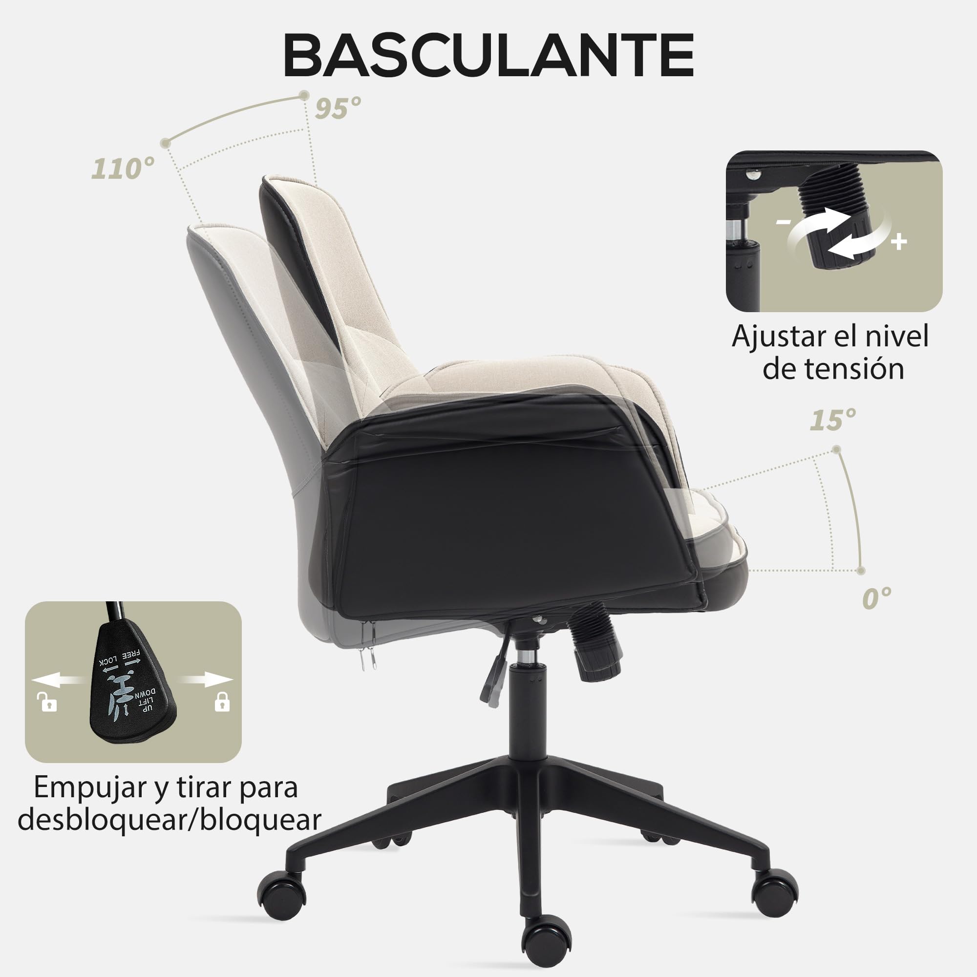 HOMCOM Silla de Oficina Basculante Silla de Escritorio Giratoria Tapizada en PU y Lino Altura Ajustable Reposabrazos Silla de Estudio Carga 120 kg Beige y Negro