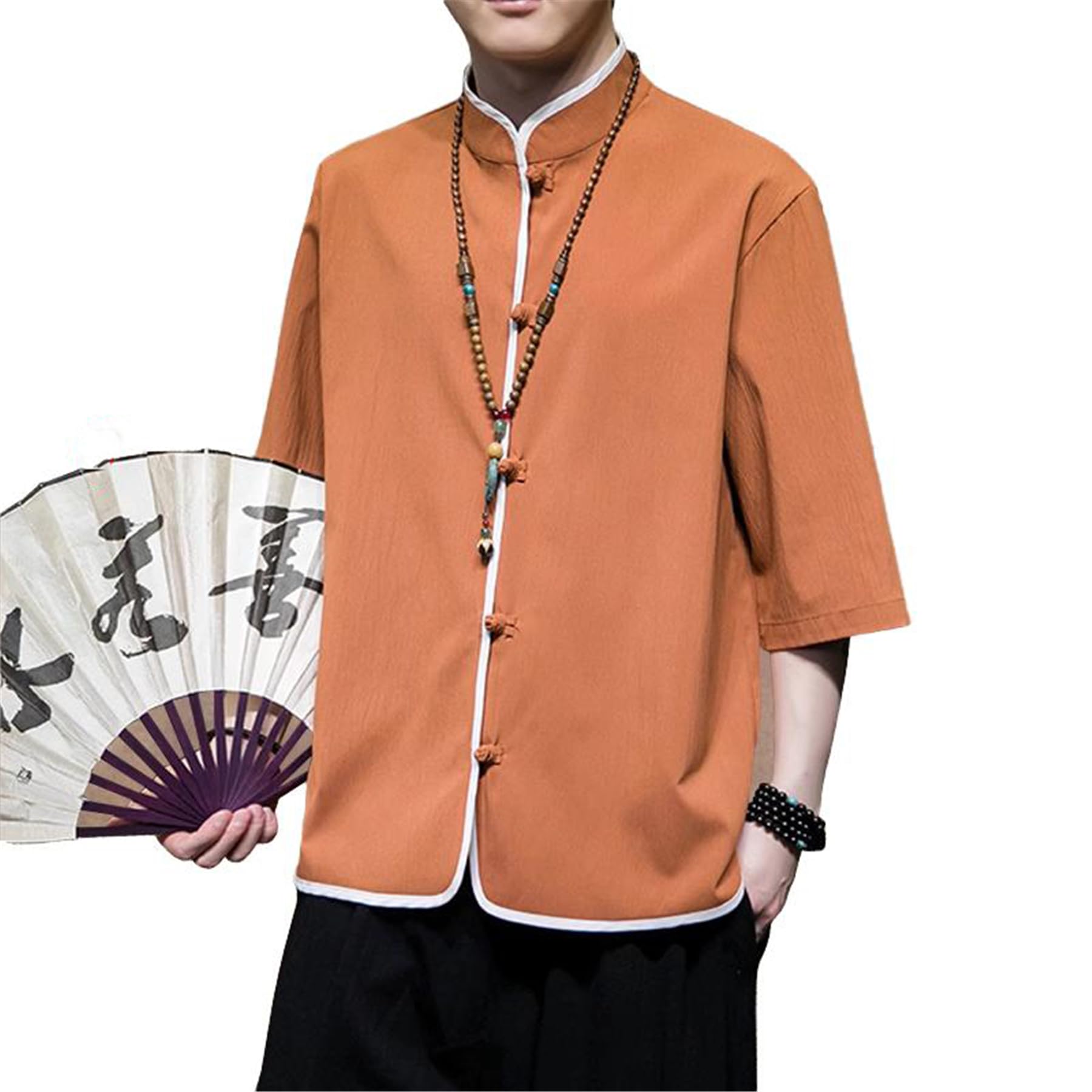 GUOYUXIAO Männer-Sommer-Chino-Stil-Linon-Kragen-Knopf-Hemd.