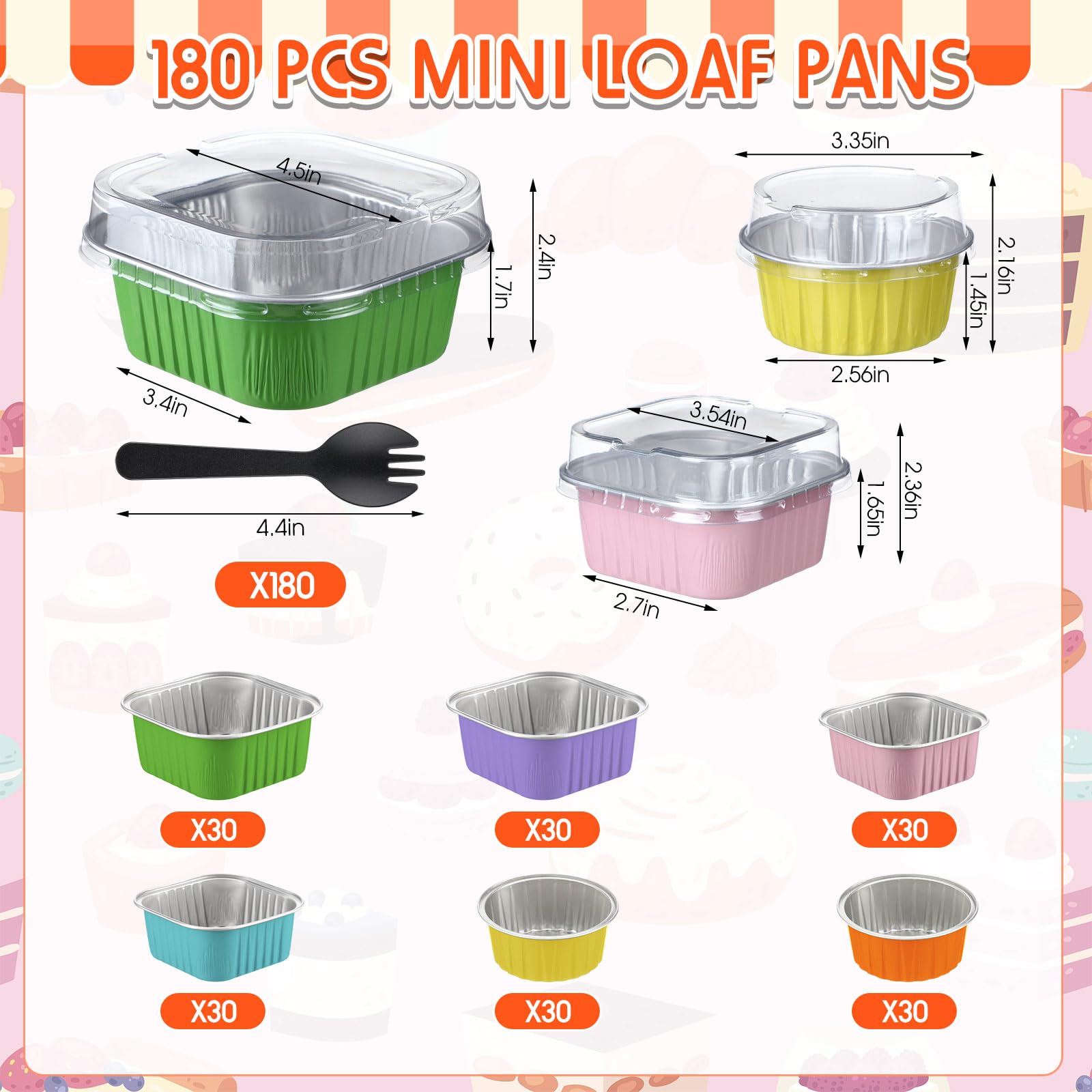 Blushtier Juego de 180 mini moldes para pan con tapas y cucharas de 5 onzas, moldes cuadrados y circulares de papel de aluminio para hornear, mini moldes para pasteles para pan, postres, color pastel