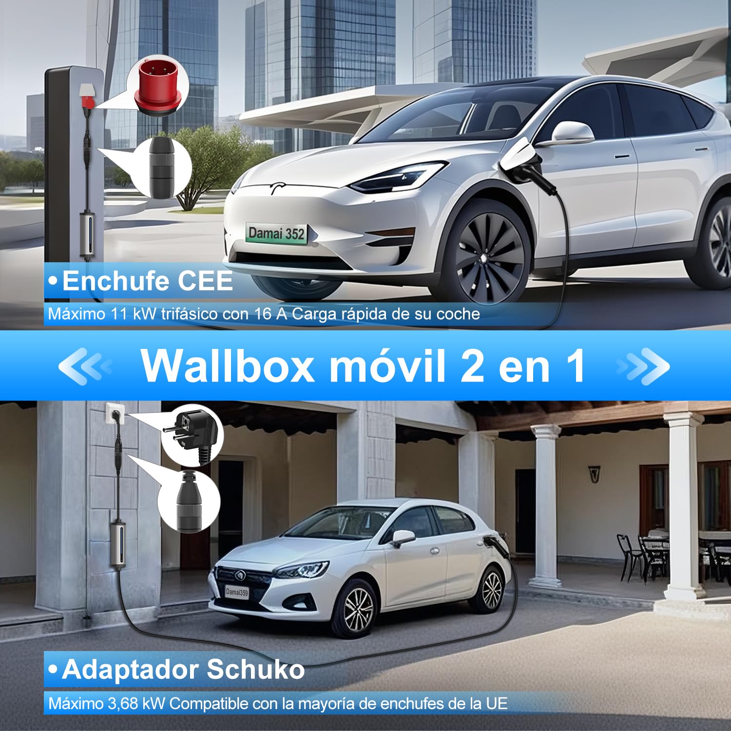 GONEO Estación de Carga para vehículos eléctricos 11kW 7m[8-16A, Trifásico] Wallbox con Enchufe (Schuko y CEE) Cargador Vehiculo Electrico con Corriente Ajustable y Carga Temporizada IP66 IEC 62196-2