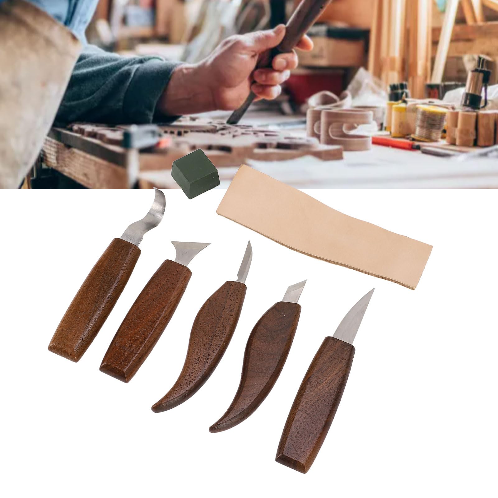 Set di coltelli professionali per intaglio del legno, 5 pezzi, con manico in noce e impugnatura antiscivolo, per progetti fai da te di lavorazione del legno, artigianato e