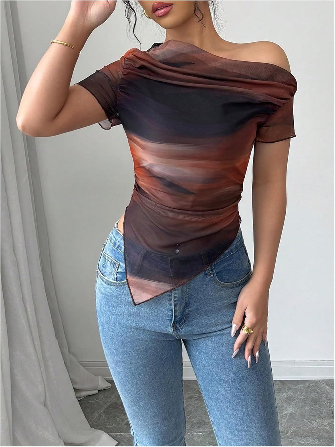 Women's Off The Shoulder Tie Dye Ombre Mesh T Shirt Short Sleeve Asymmetrical Ruched Crop Tops - Image 5