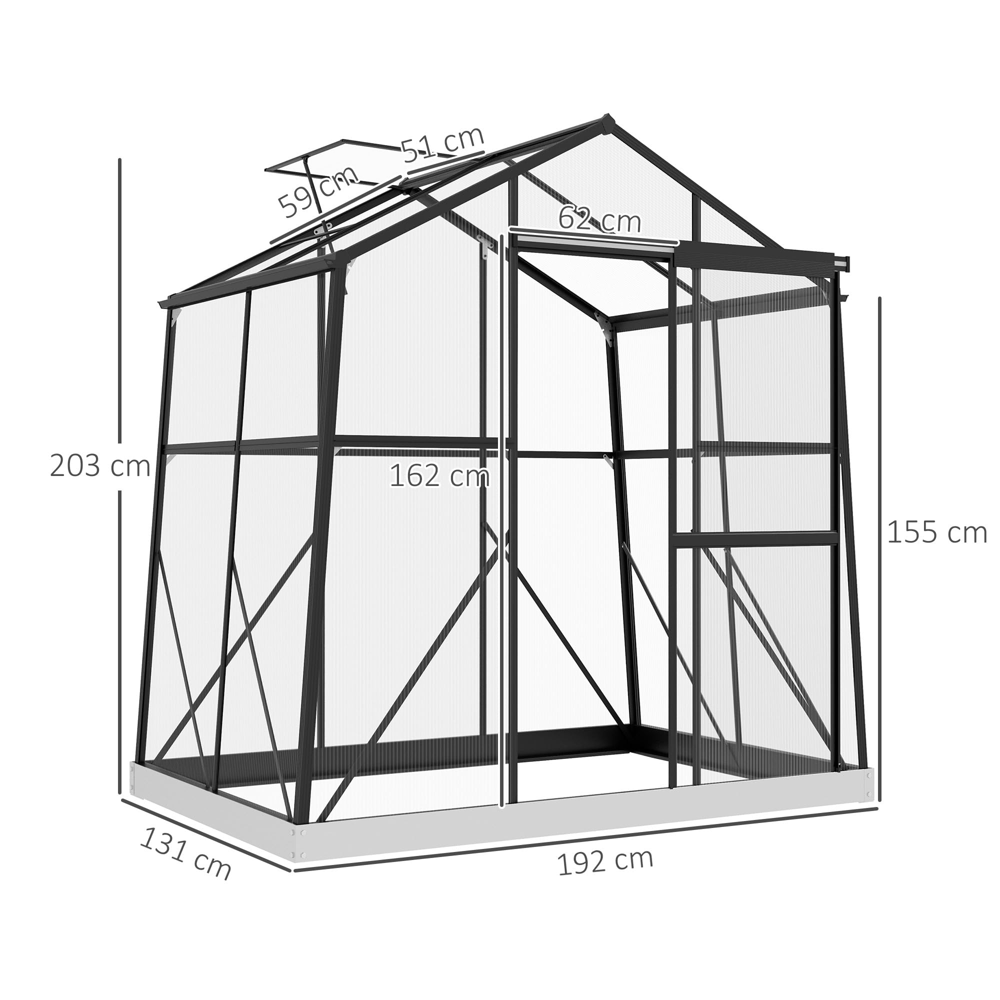Outsunny Szklarnia aluminiowa, 131 x 192 x 203 cm, szklarnia na pomidory, 2,51 m², z drzwiami przesuwnymi, oknem, fundamentem, do hodowli roślin na balkon, do ogrodu, czarna