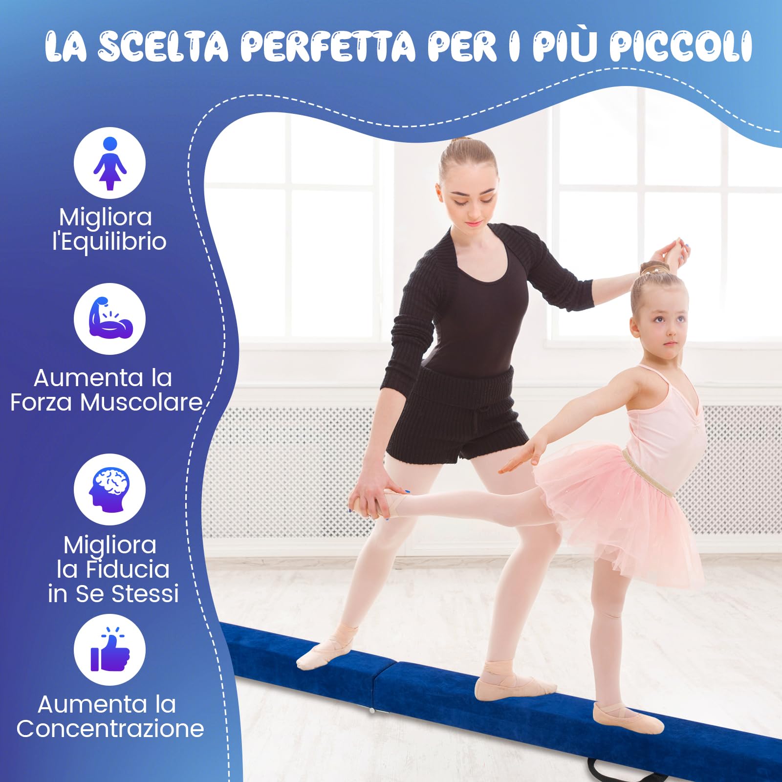 COSTWAY Barra de Equilibrio Plegable 240cm, Base de Madera Sólida y Fondo Antideslizante, Viga de Equilibrio e para Niños y Adolescentes