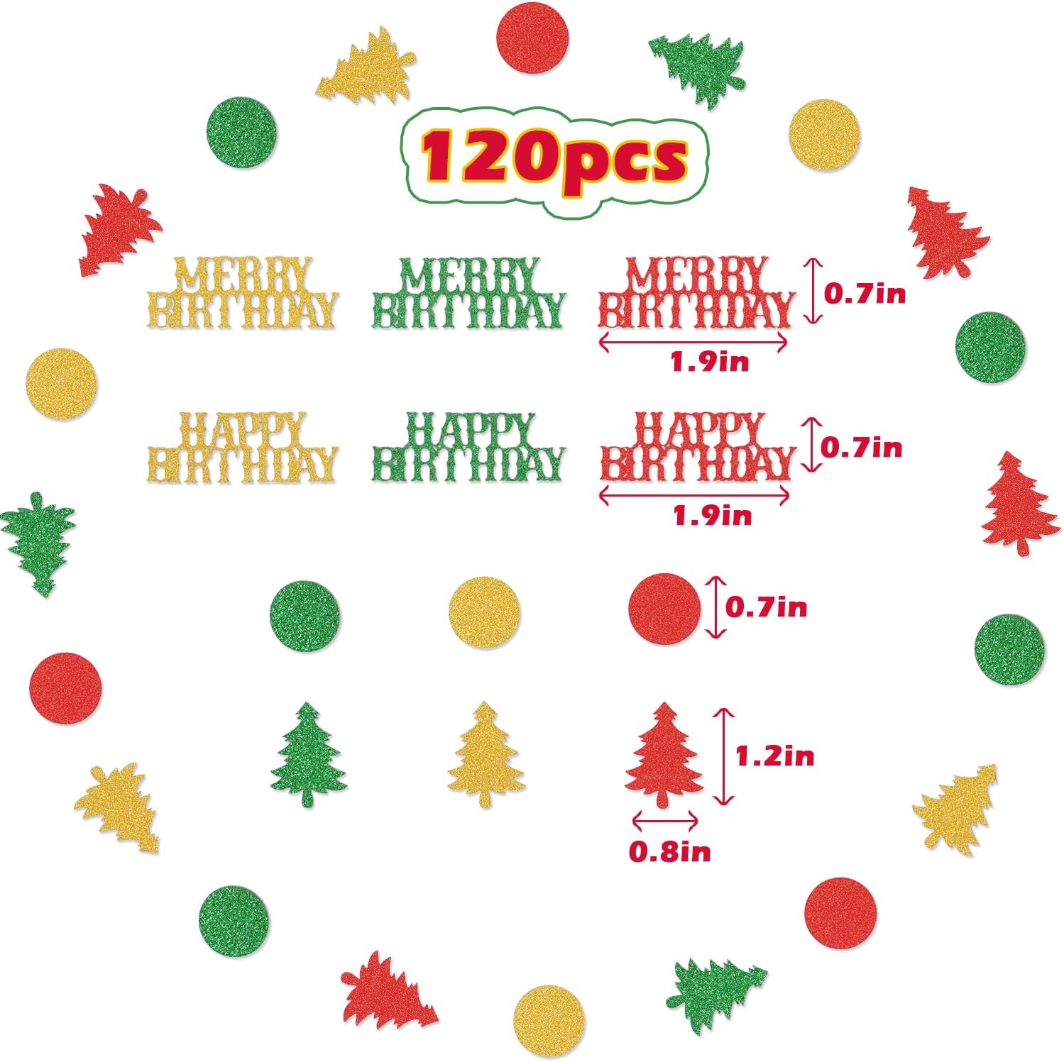 Merry Birthday Confetti, Glitter Happy Bday Table Scatter, Red Green Gold Christmas Tree Polka Dot Paper Confetti for Christmas Birthday Party Decor, Sparkling Xmas Holiday Supplies (120 Pieces)