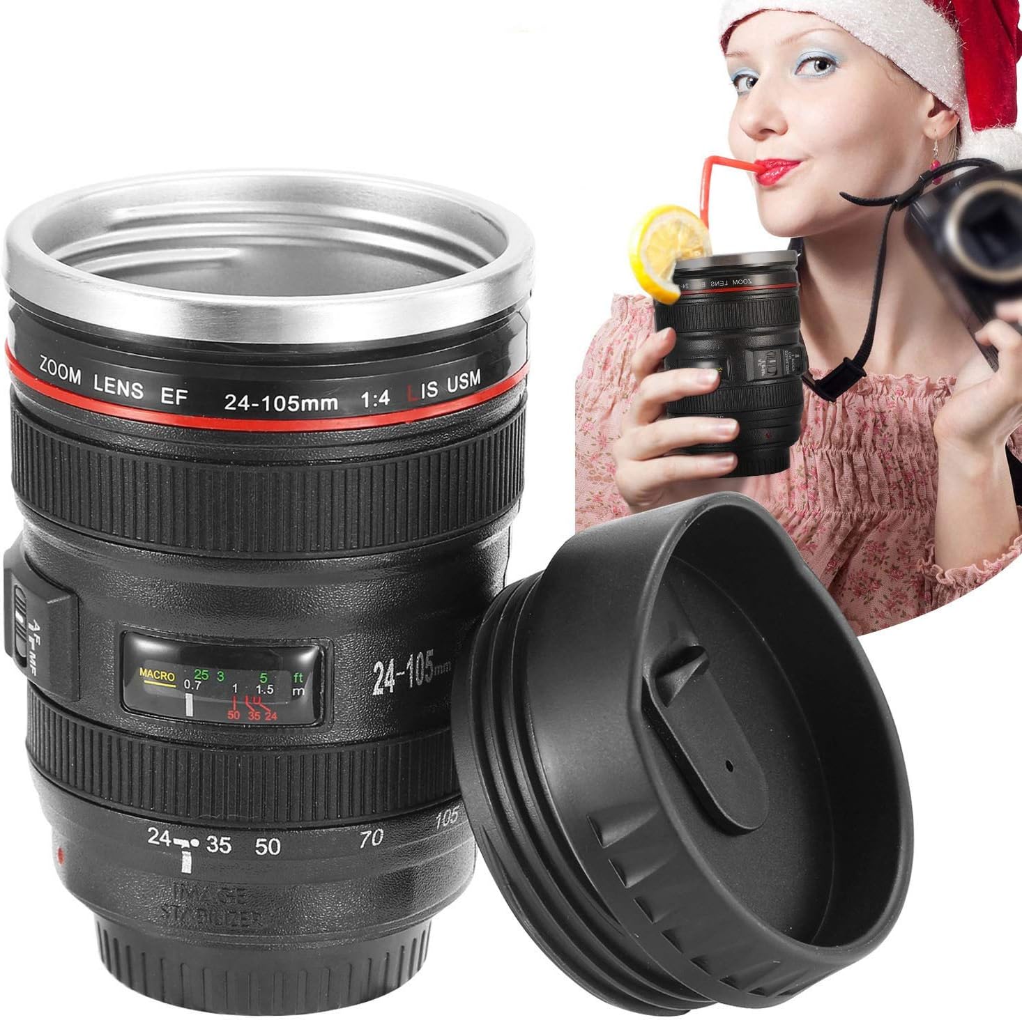 GPCT Camera Lens Coffee Mug with Lid,Travel Len Mug Canon，Stainless Steel Thermos Cup, 13oz, 400ml-Black