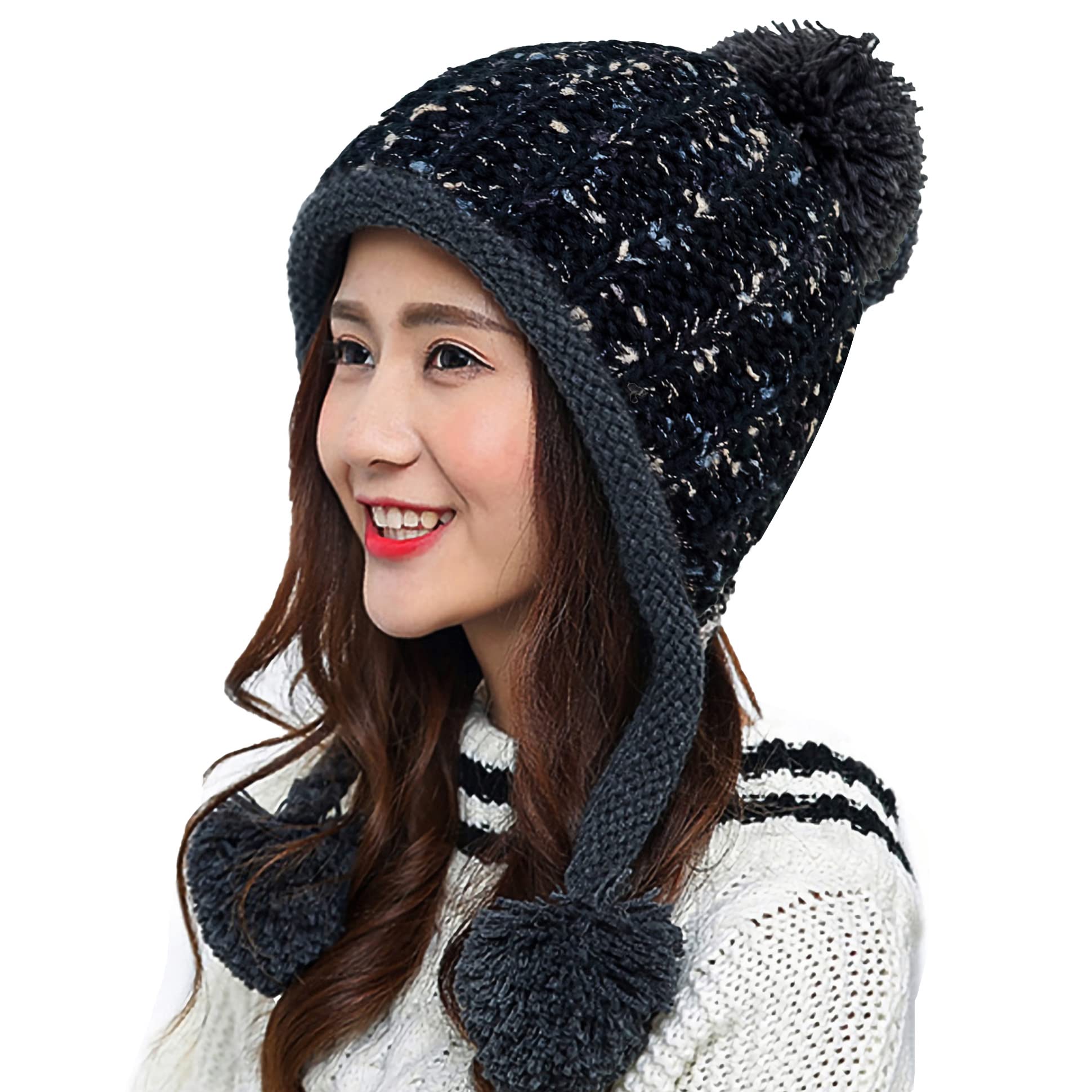 HUAMULAN Women Winter Sherpa Beanie Hats Knit Ear Flaps Peruvian Cover Ears Warm Fleece Lined Fluffy Ski Snow Hat 3 Pompom