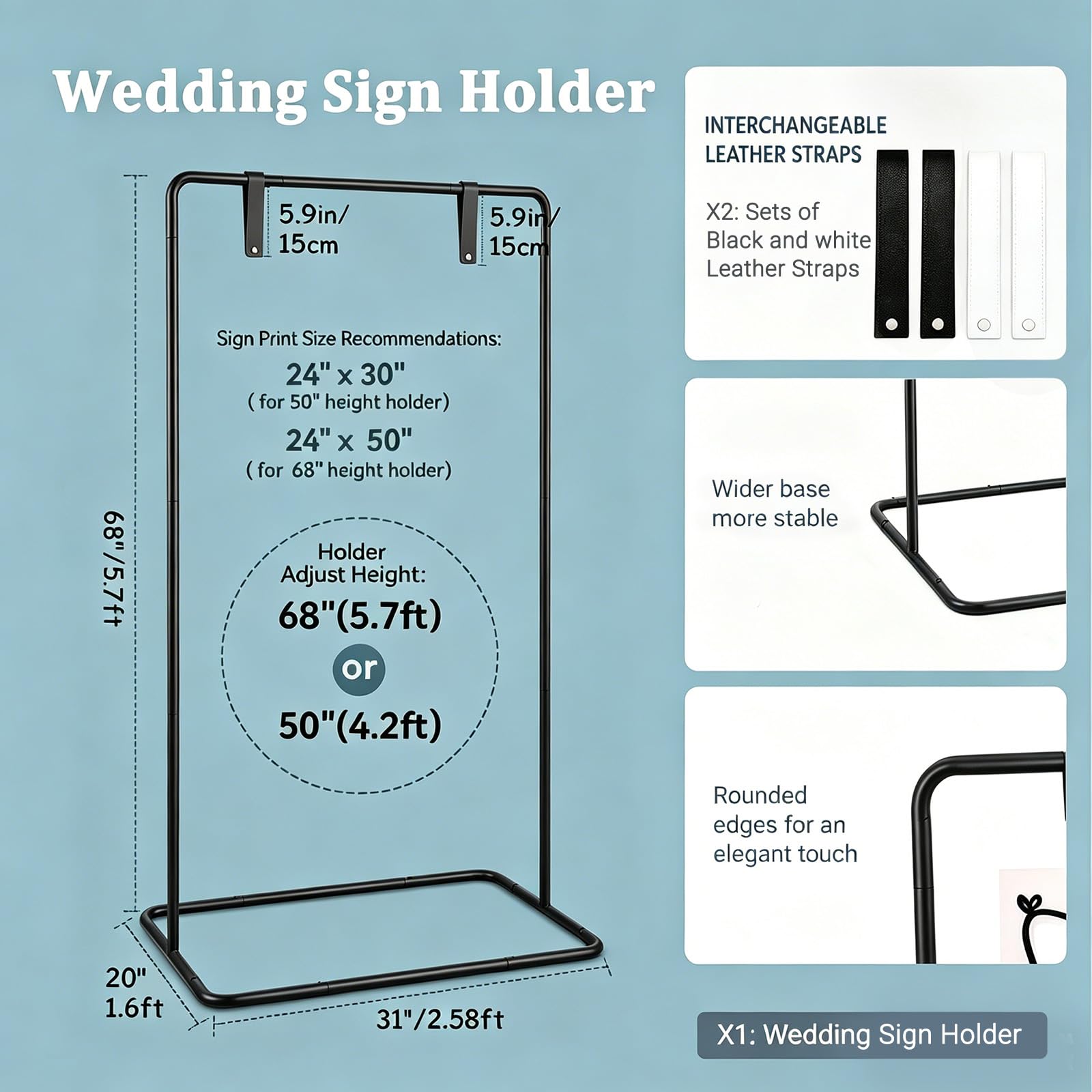 Hochzeits-Willkommensschild-Halter 173x80x50cm mit 4 Lederriemen, Hochzeitsschild-Ständer für Schilder, Poster, Sitzplan, Schwarz