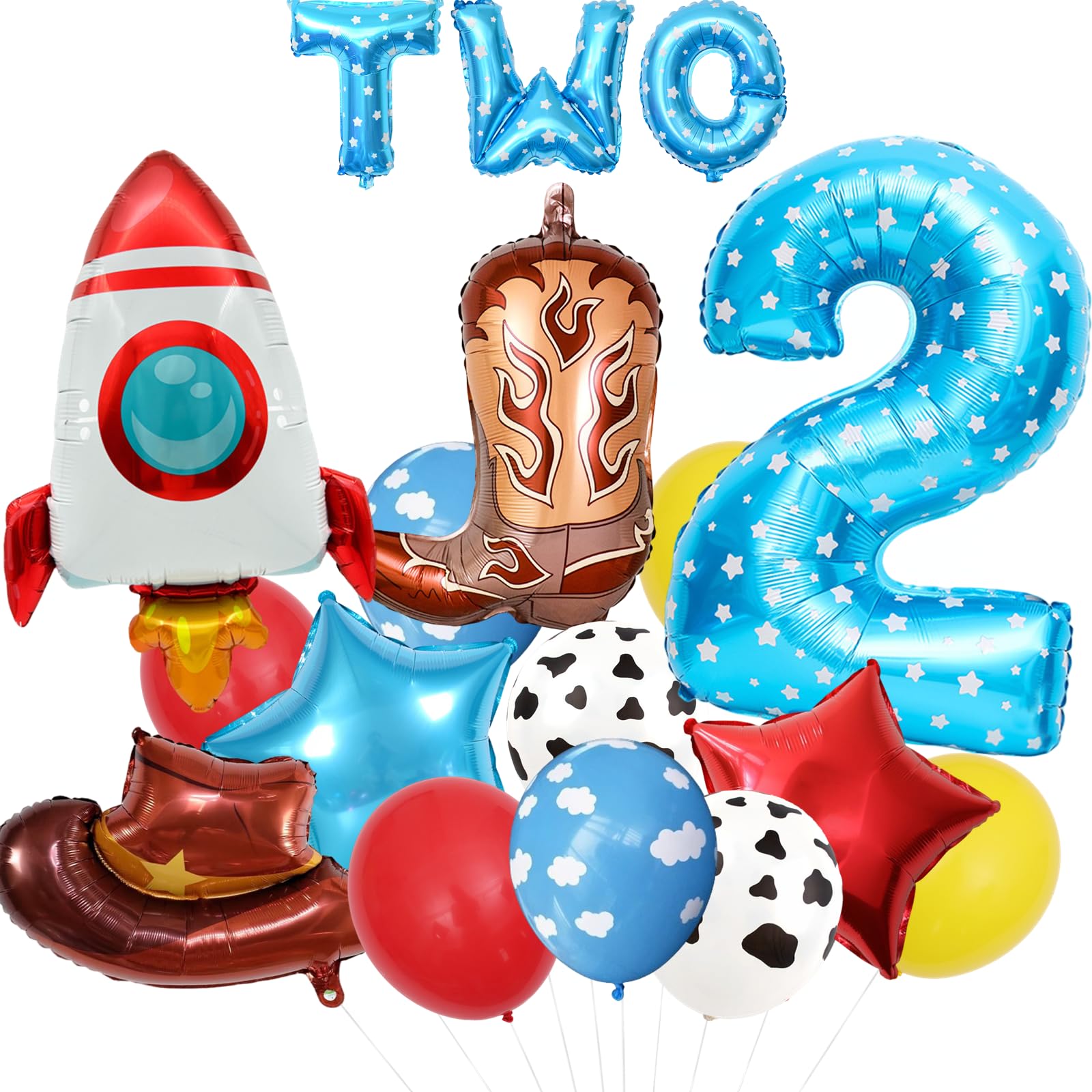 17pcs Cartoon Toy Themed Party Decorations, Number 2nd Boys And Girls Birthday Party Supplies, Cowboy Hat Boots Rocket Mylar Foil Balloon, Red Blue