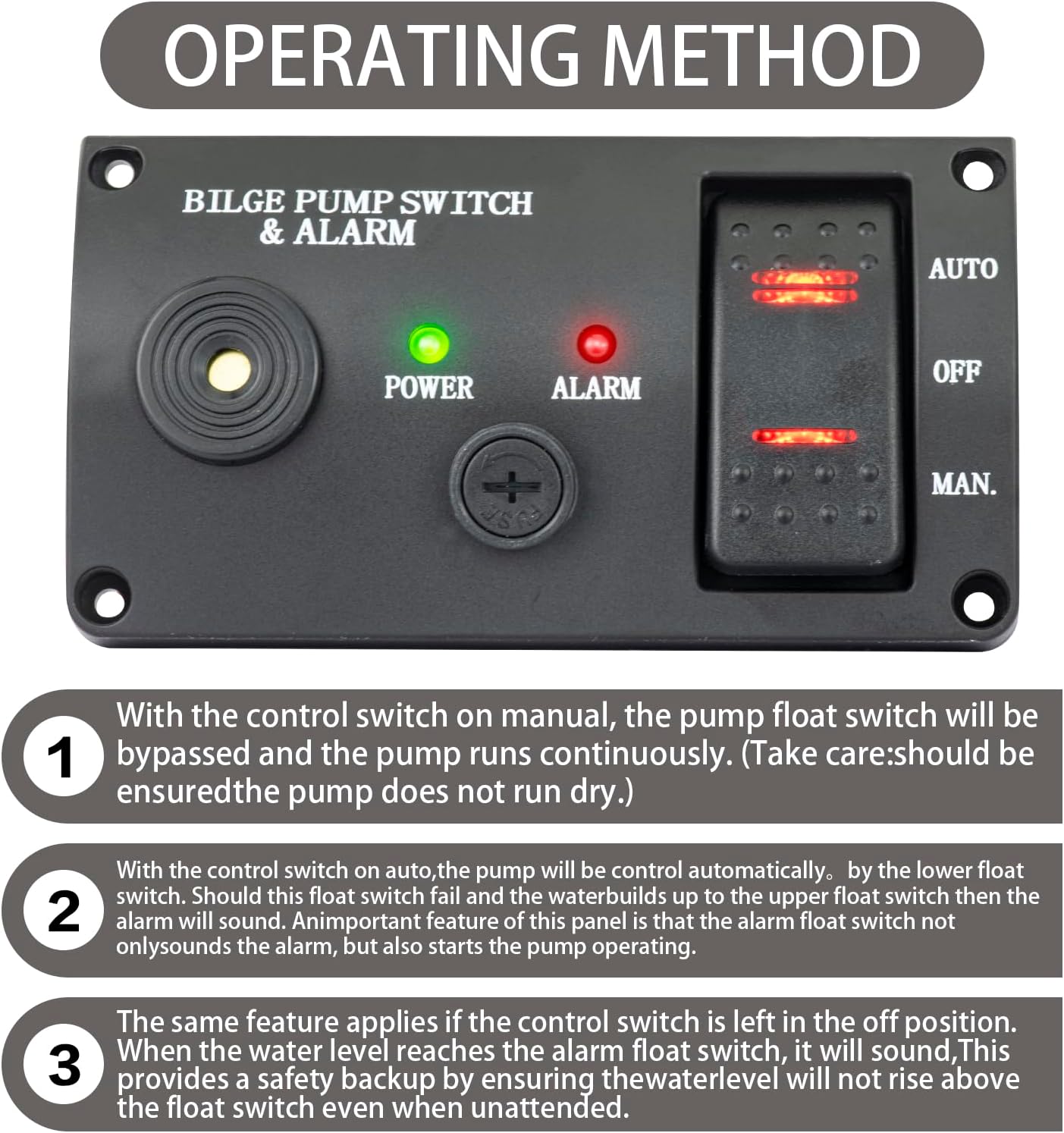 Bilge Pumps Switch for Boats,with LED Indicator Alarm,3-Way Auto-Off-Manual Switch w/Spring From Manual Position, Black ABS Panel,12V DC