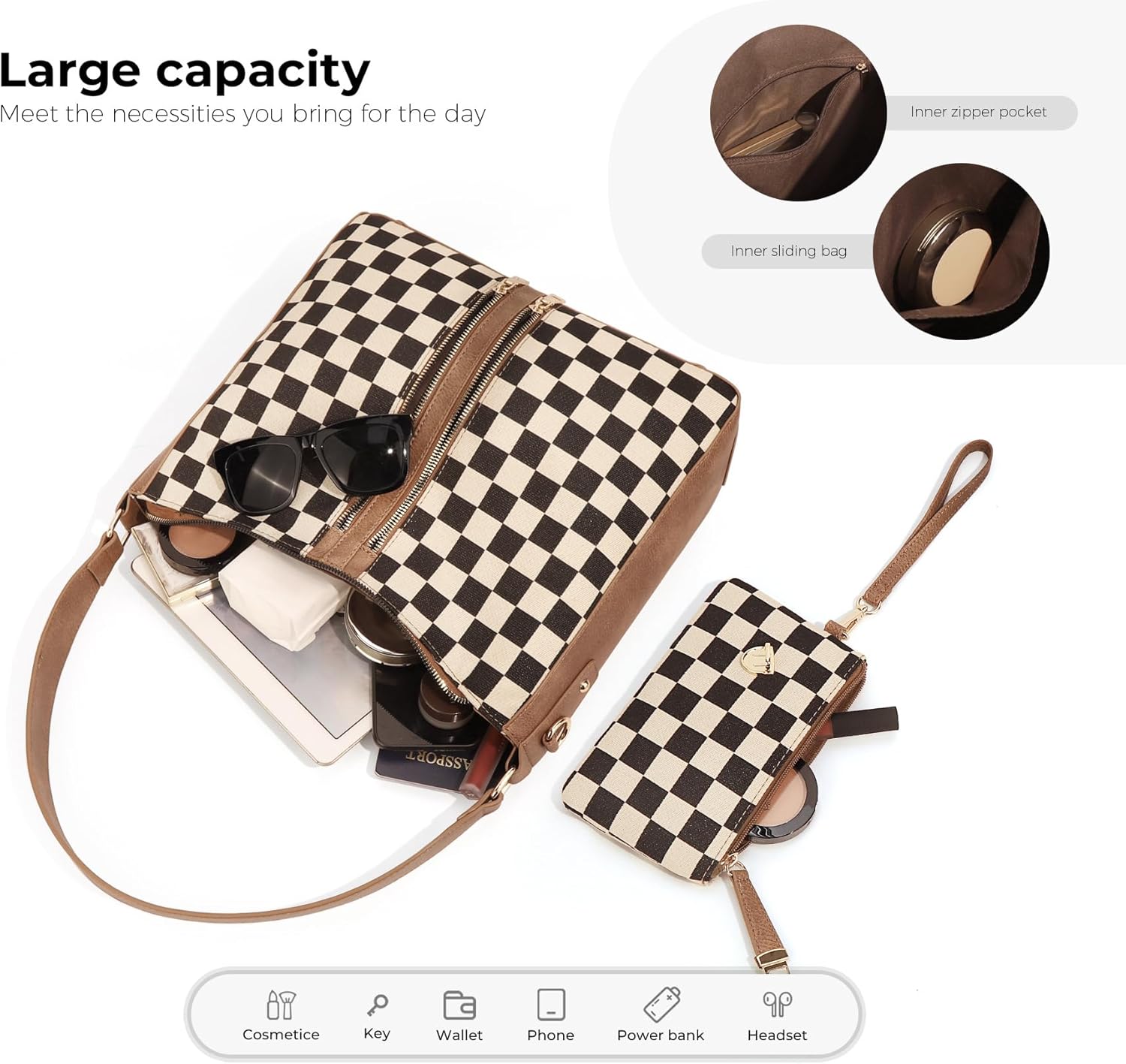 JQWYGB 2pcs Checkered Hobo Tote Bag for Women Multiple Pockets Crossbody Shoulder Handbag Trendy Tote Purse with Wallet