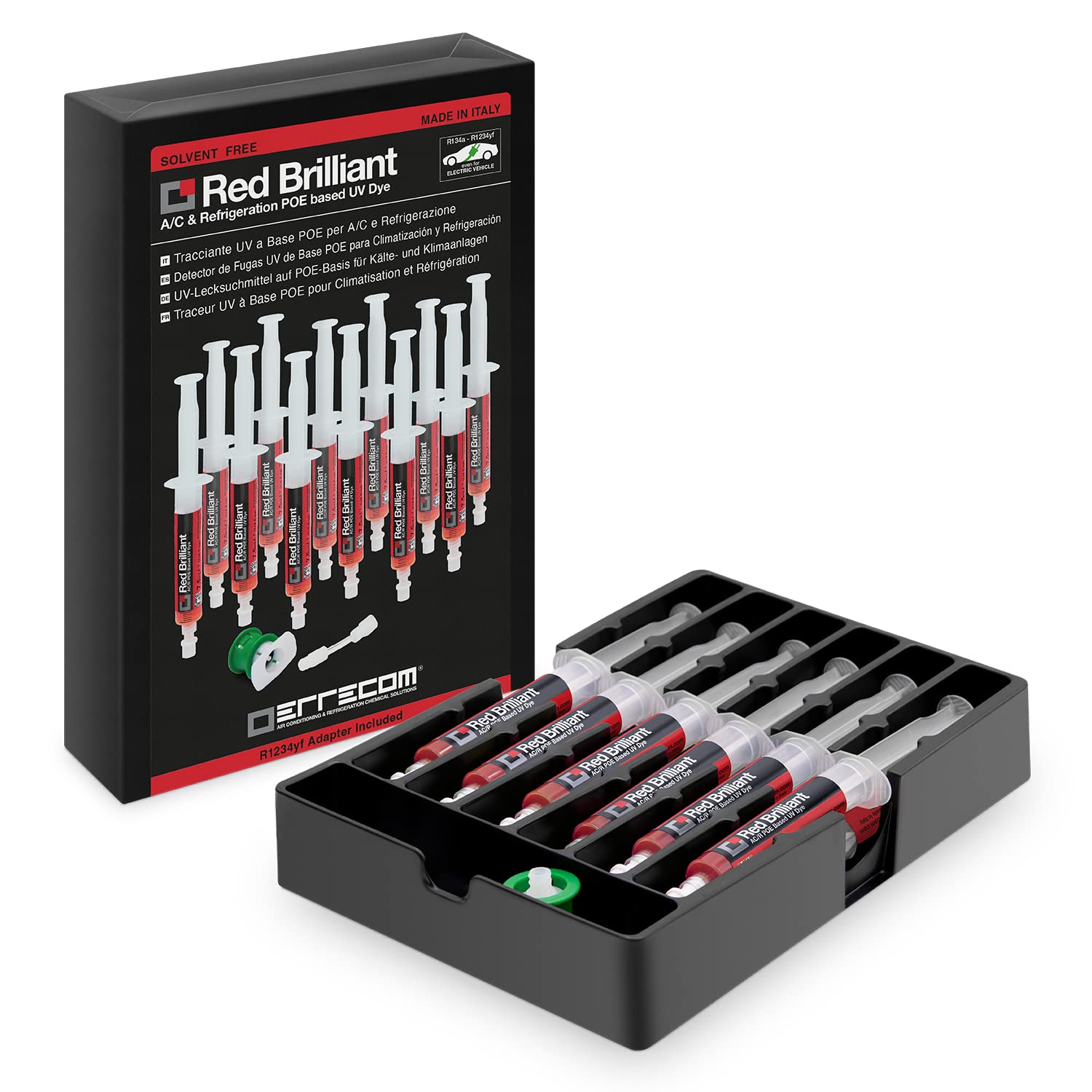 ERRECOM Red Brilliant - 12 x 7,5 ML, Traceur UV à Base POE pour localiser Fuites de Gaz Réfrigérant dans Les Systèmes A/C de Véhicules avec Compresseur Electrique, Contient Adaptateur pour R1234yf