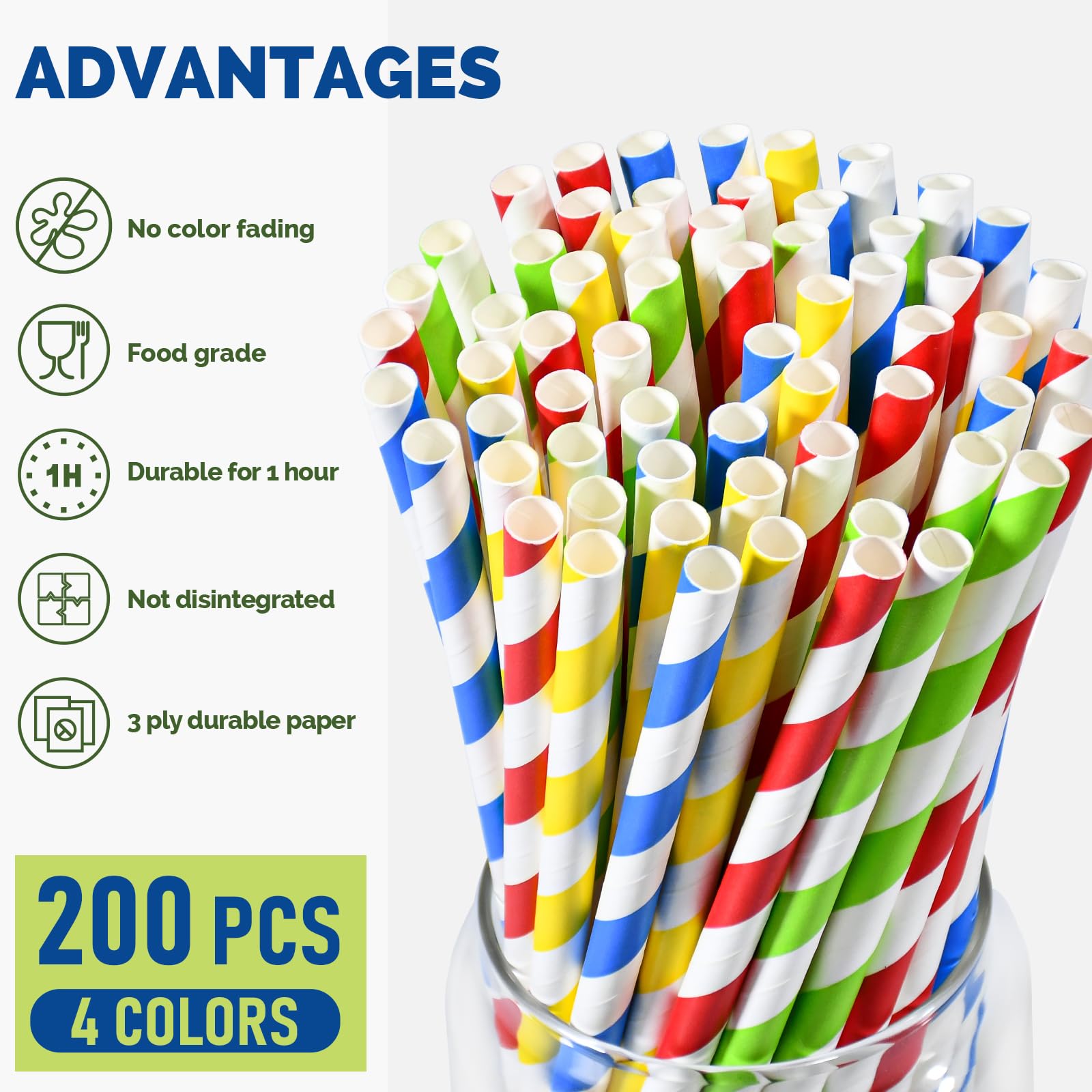 Cannucce di carta usa e getta da 8mm, 19,7 cm a strisce colorate - per frullati, gelato, smoothies, bevande dense - confezione da 200
