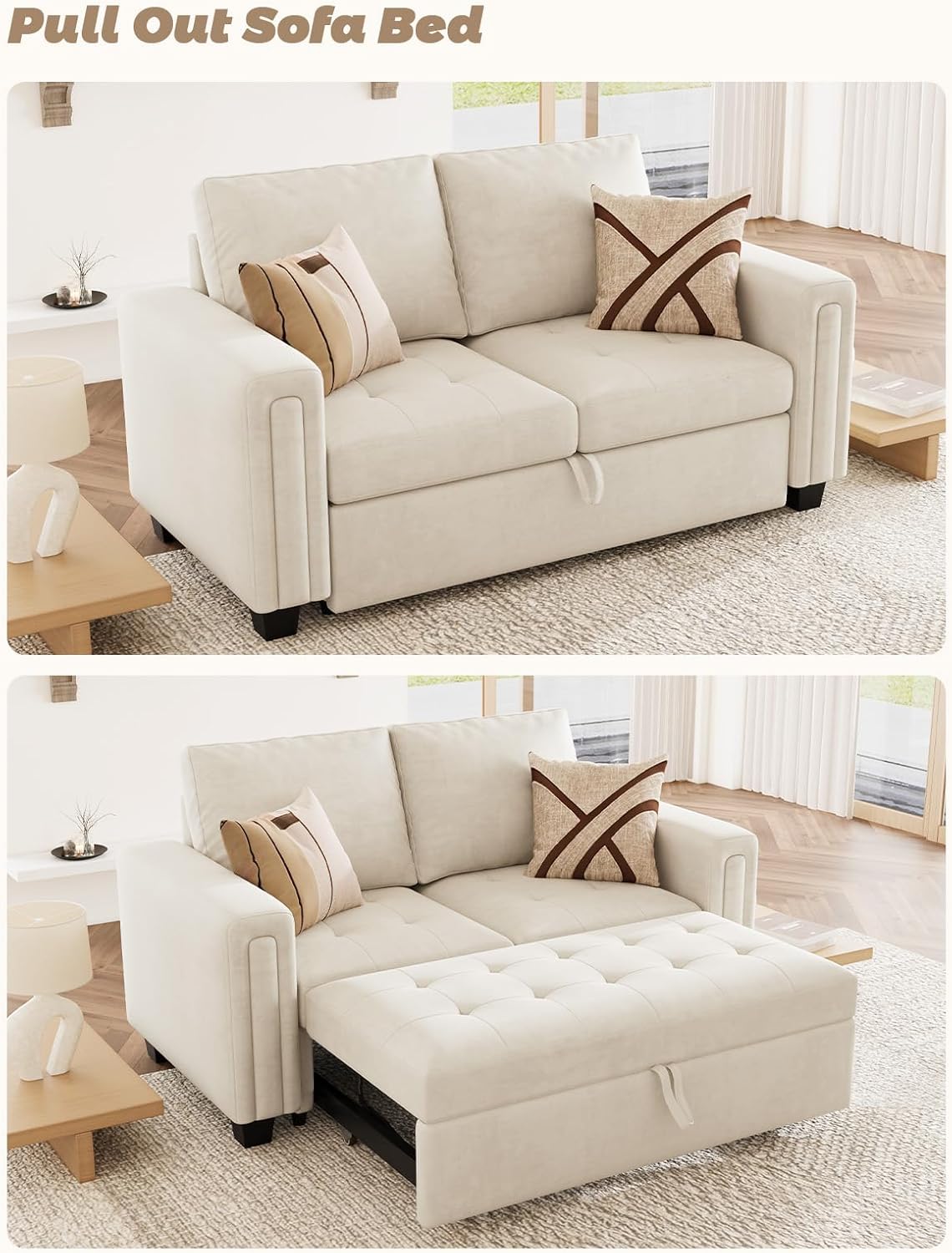 Belffin Modular Sectional Sleeper Sofa with Pull Out Couch Bed Modular Sleeper Loveseat Sectional Sofa Velvet Fabric for Living Room Apartment Beige