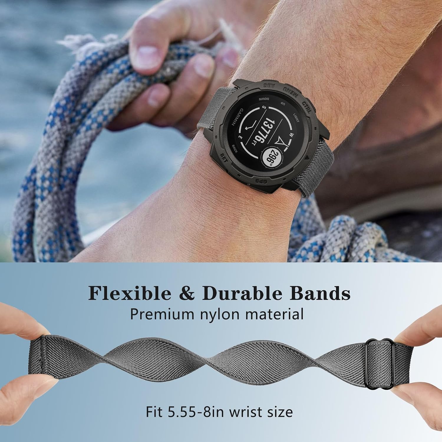 22mm Elastic Nylon Band Compatible with Garmin Instinct 1/2/3 45mm Solar,Soft Breathable Sport Replacement Strap for Fenix 8 47mm/Instinct Esports/Tactical(2 pack) image 3