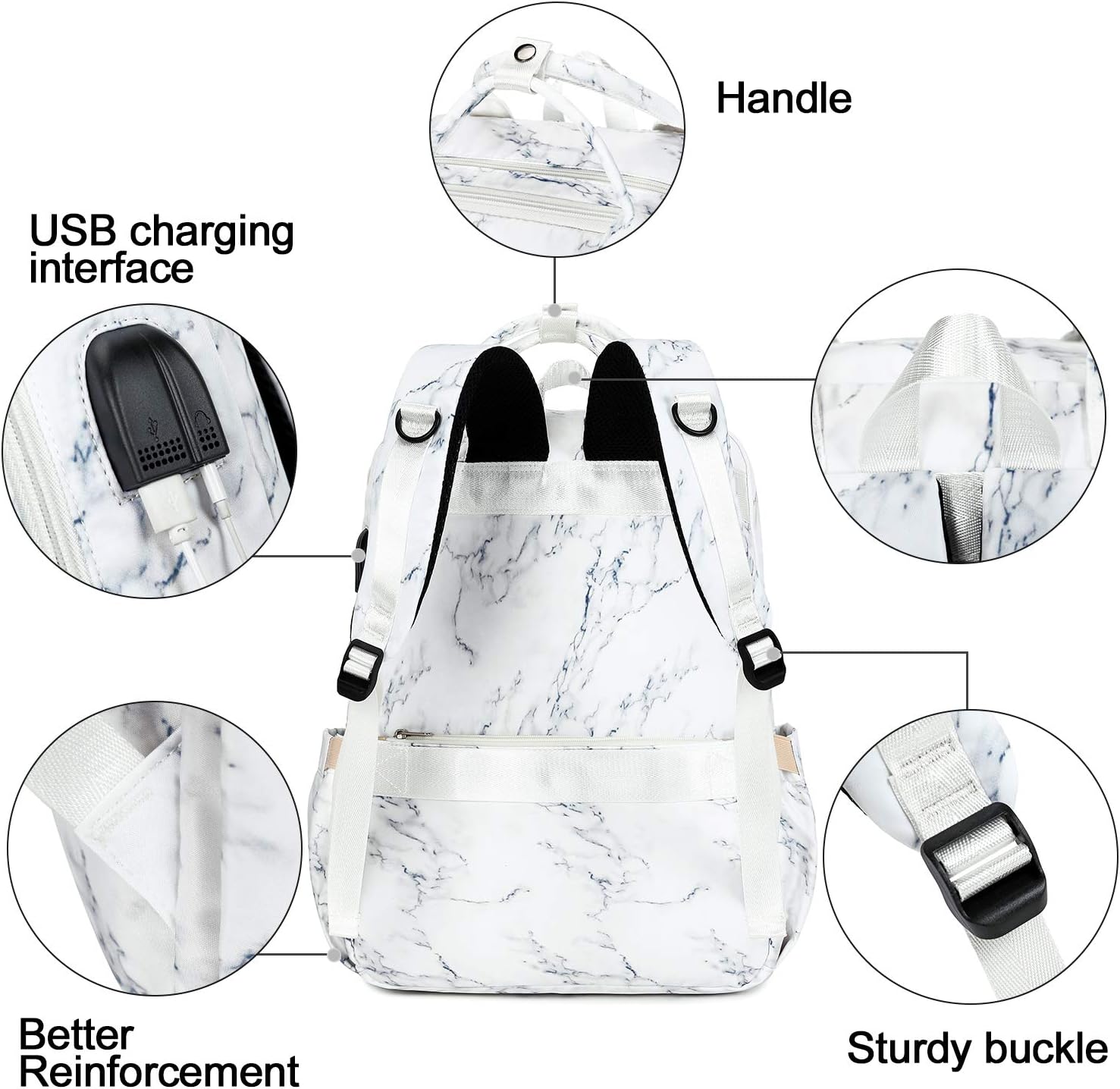 Top Rated School Backpack Women Girls College Laptop Backpacks with USB Charging Port 15.6 Inch Computer Bookbag for Teacher Work Office (Marble - 8698)