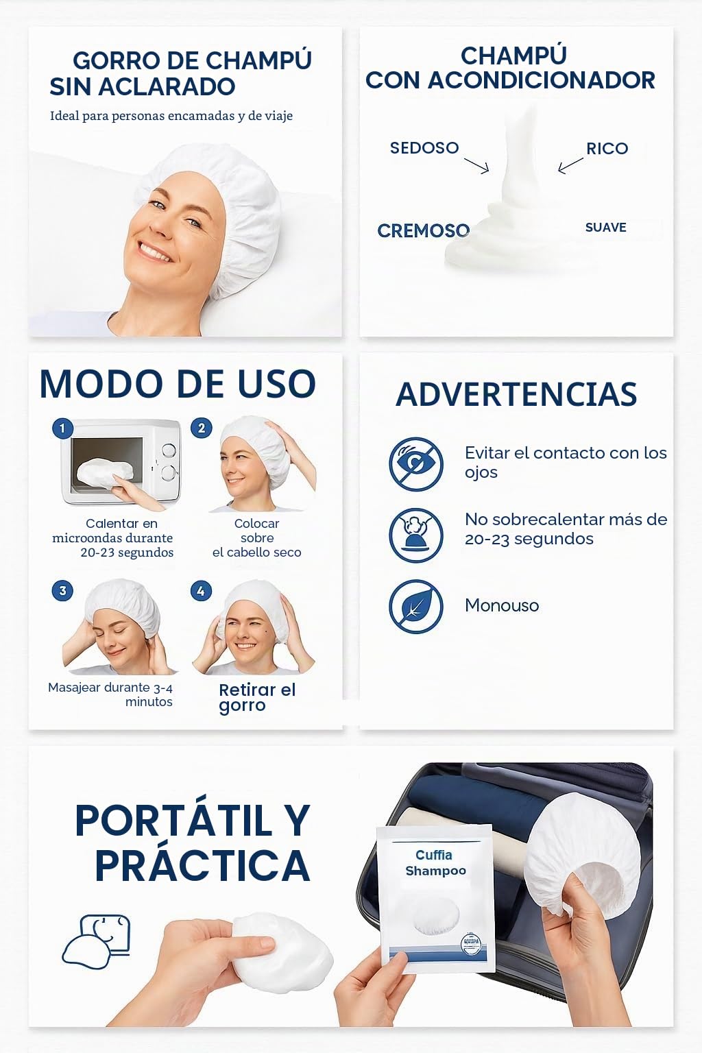 Gorro de champú para personas postres y ancianos 5 + 1 gratis – Gorro desechable sin aclarado con acondicionador, calentable al microondas, pH neutro, higiene y comodidad en cama y en movilidad.