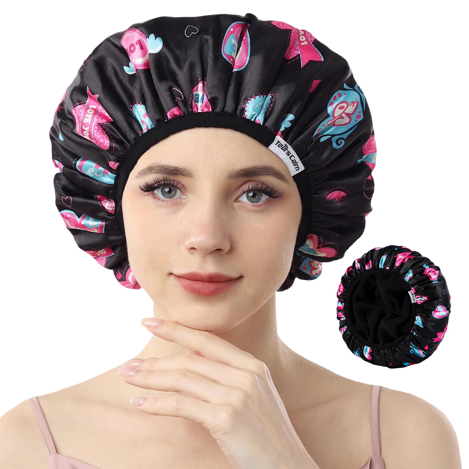 Years calm Terry Lined Shower Cap, Triple Layer Heart Motifs,Waterproof Reusable Elastic,Hair Shower Cap for Women,Terry Cloth Shower Caps for Spa,