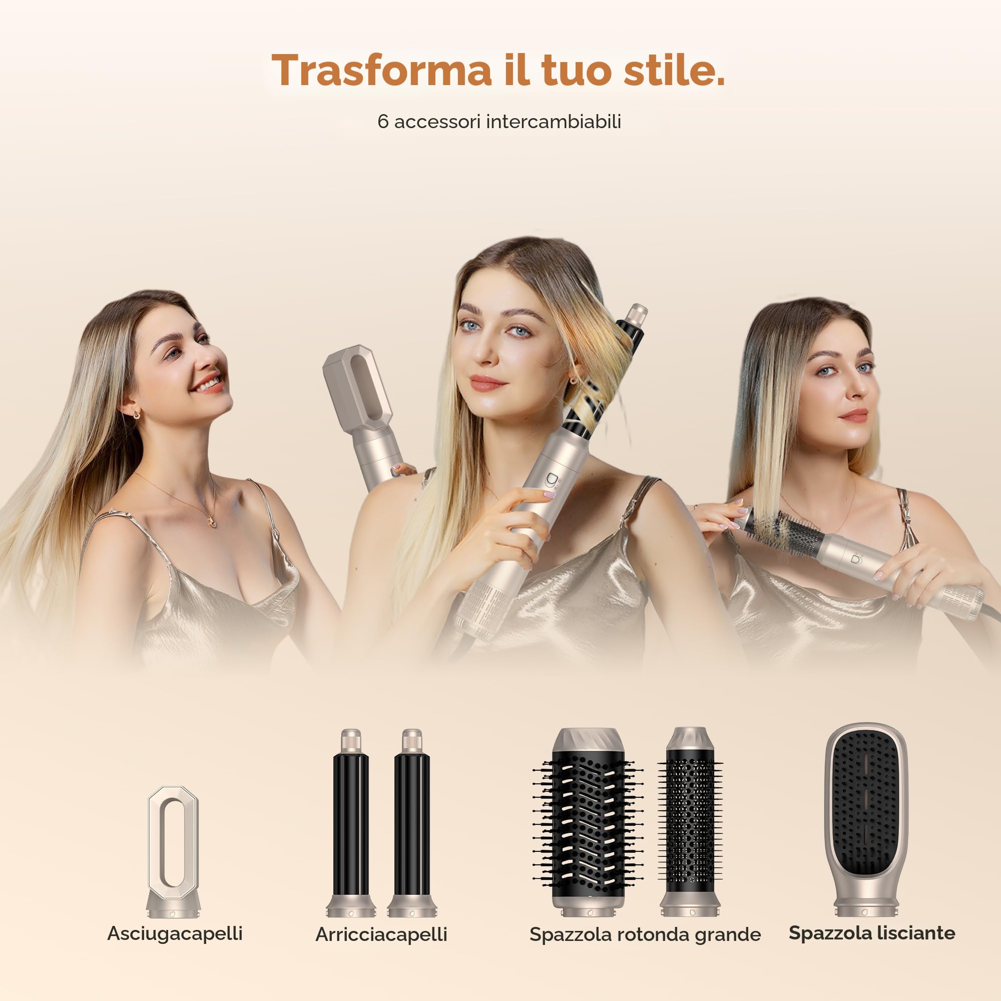 UKLISS Hairstyler Airstyler 6 in 1 Asciugacapelli, Set di Spazzole per Asciugacapelli 1000 W, Arricciacapelli con Aria, Spazzole per Styling, 3 Regolazioni della Temp, Regali Set per Donn (Oro)