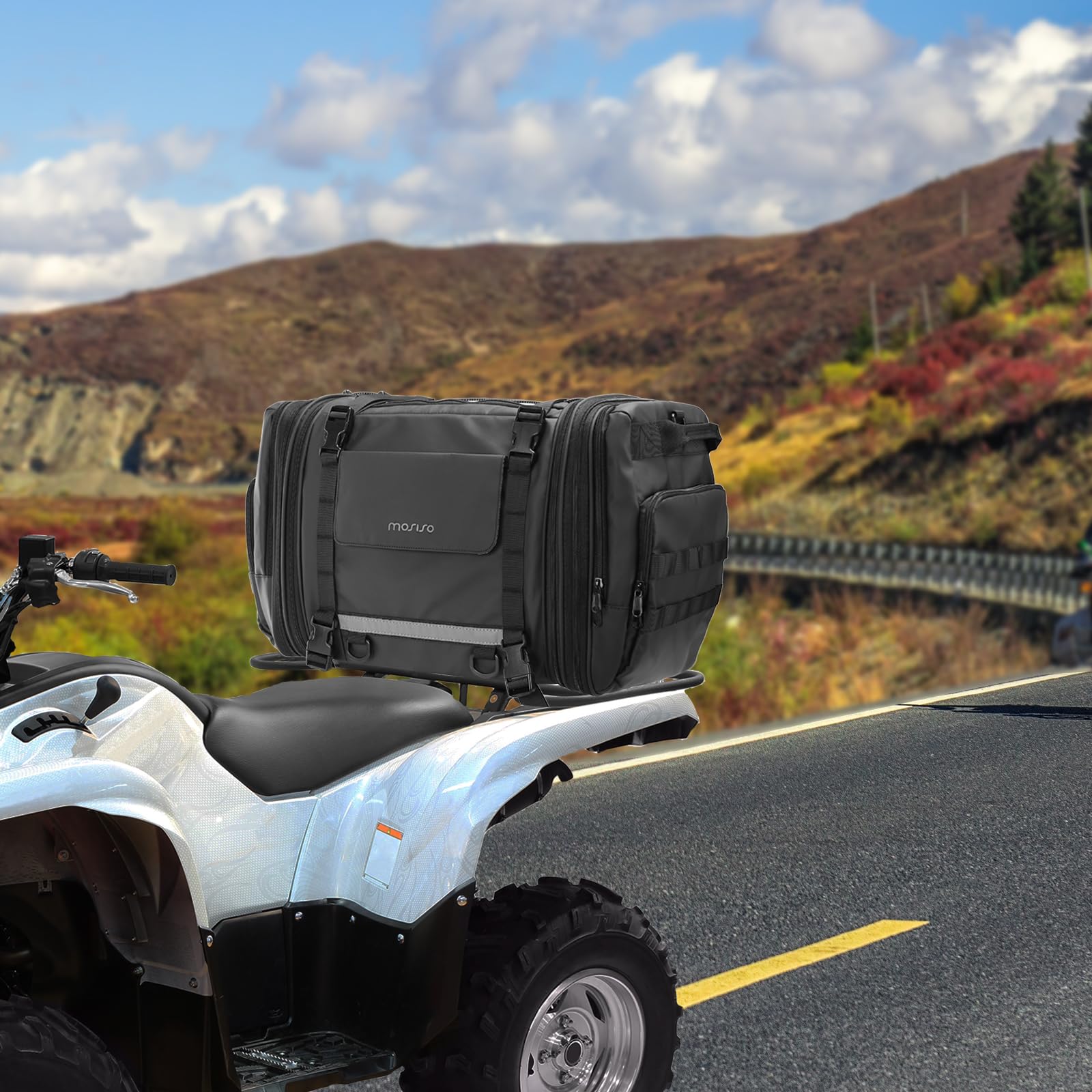 MOSISO Viaggio in Moto Bagagli Borsa Portapacchi Conespandibile da 32L-48L, | Borsa Portaoggetti Moto con Sedile Posteriore con Rain Cover&Shoulder Strap Motorbike Storage Duffle Carry, Nero