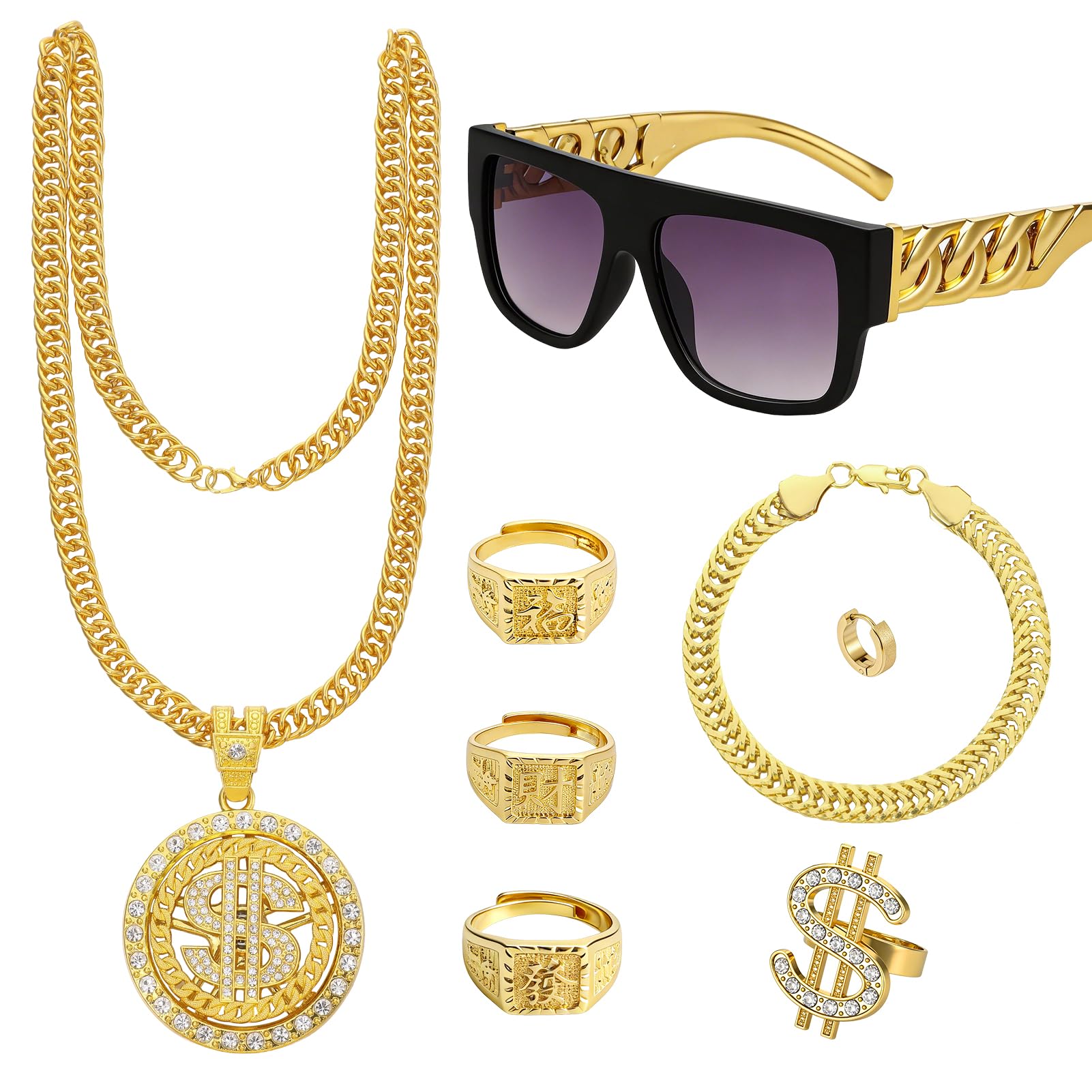 GSrenyu 8 Pcs Hip Hop Costume Accessories, Rapper Costume 80s 90s Fake Gold Chain Bracelet Rings Earrings Hippie Glasses Fancy Dress Accessories for Hippie Rapper Disco Men Women