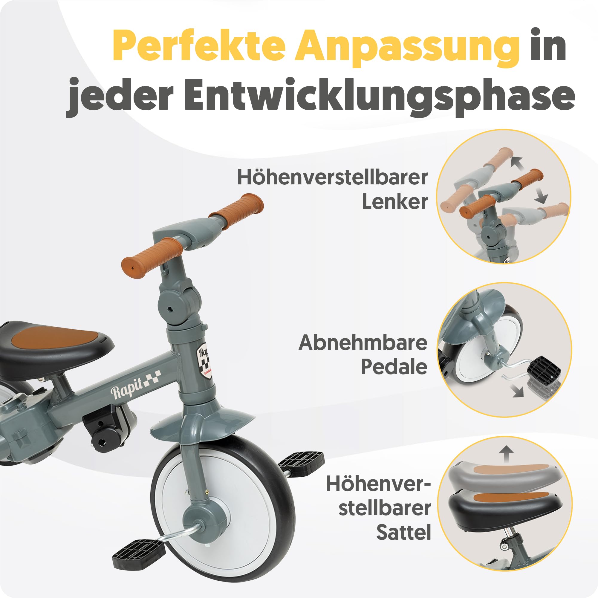 Interbaby Dreirad & Laufrad 5 in 1 ab 1 Jahr mit Schubstange (Grau) | Kinderdreirad mitwachsend, Sitz und Lenker verstellbar | Laufrad ohne Pedale | 1 bis 5 Jahre