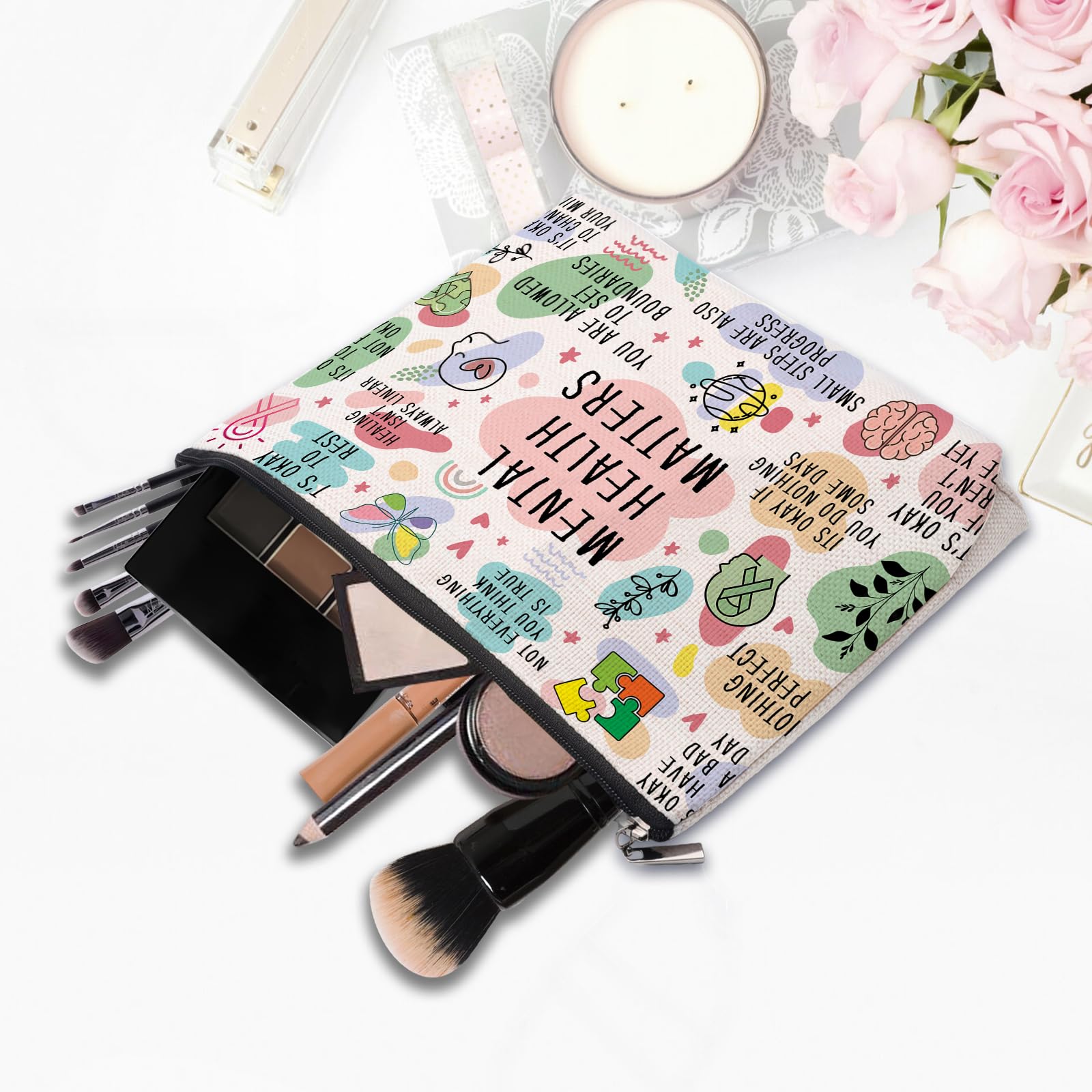 Mental Health Gifts Makeup Bag - Awareness Gift, Daily Affirmation, Positive Quotes Cosmetic Bag for Women