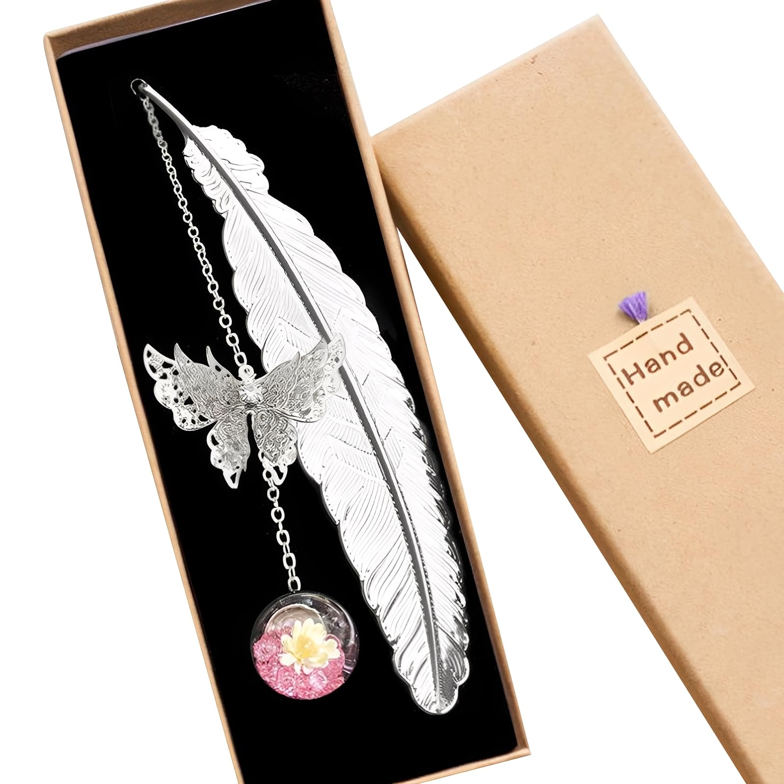 1pcs Feather Bookmark,Elegant Vintage Handmade Bookmark with 3D Butterfly Charm Creative Stationery for Reading Enthusiasts,Teacher Gifts for Women Craft Keepsake. (Pink)