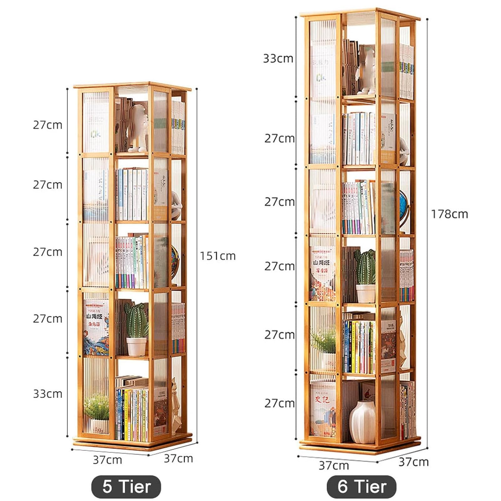360° Draaibare Boekenplank Boekenkast 5 Niveaus Draaibare Boekenplank Hoge Boekenkast Hoek Vloerstaande Display Opbergplank Houten Boekenorganizer voor Woonkamer Slaapkamer,Bruin,5 Lagen
