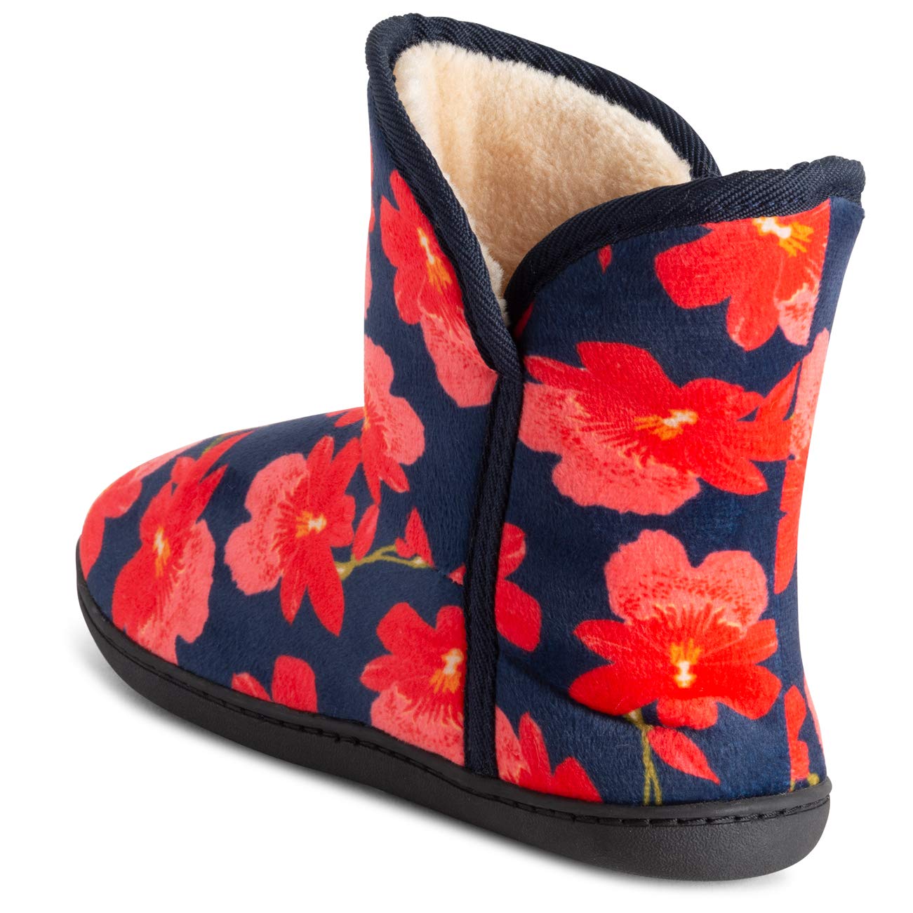 Polar Womens Memory Foam Indoor Faux Fur Fleece Bootie Rubber Sole Comfort Outdoor Anti Slip Durable Slippers - Blue Floral - UK6/EU39 - YC0753