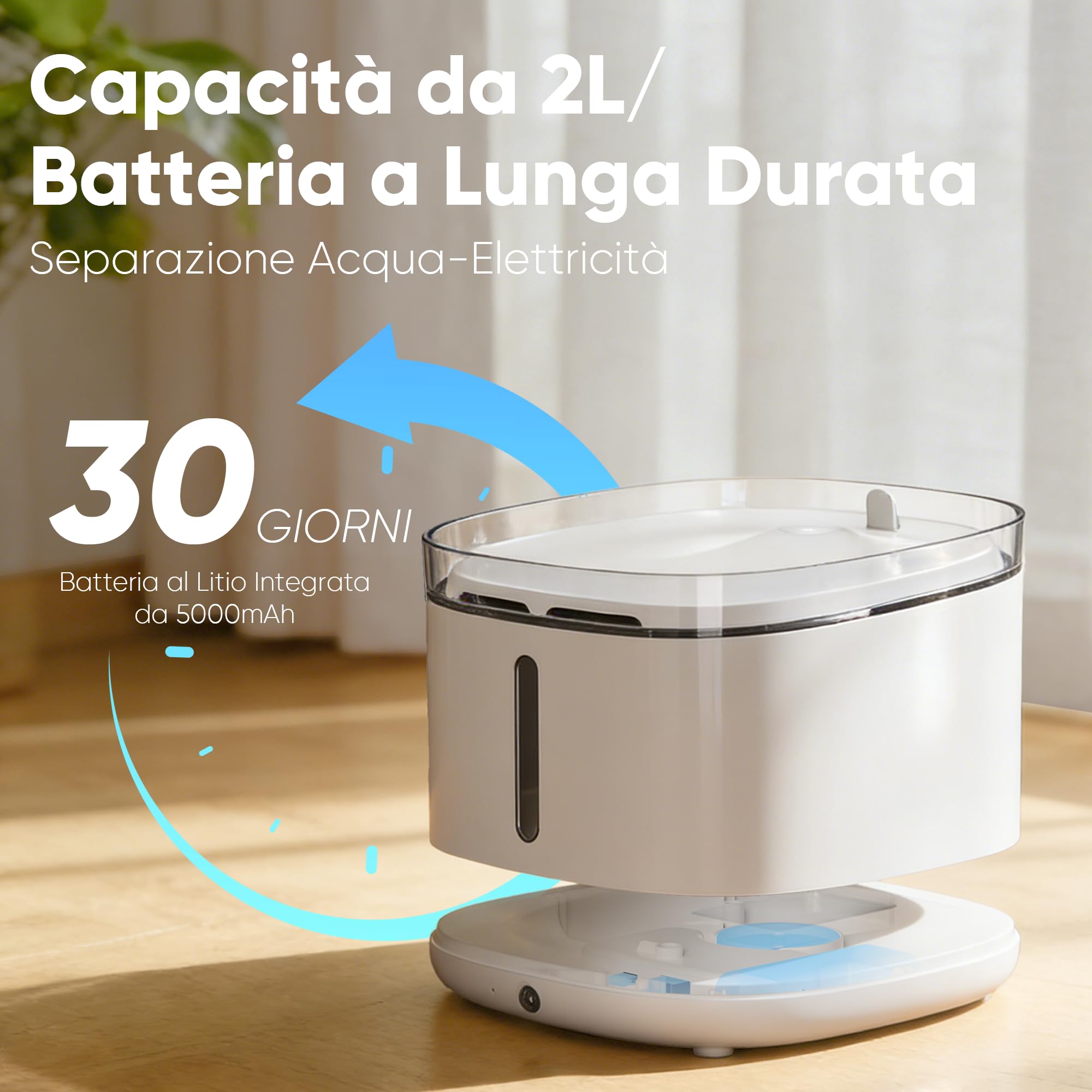 FUKUMARU Fontanella per Gatti Senza Fili, 2L Ultra Silenziosa Fontana per Gatti a Batteria con Sensore di Movimento, Dispenser Acqua Silenzioso, Luce LED Intelligente, Abbeveratoio Gatto Automatico.