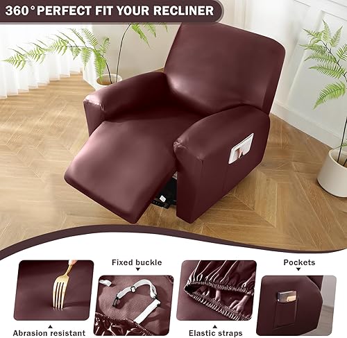 Miniatura 3 de vctops 4 fundas impermeables de piel sintética para sofá reclinable, elásticas, suaves, antideslizantes, con parte inferior elástica para niños,