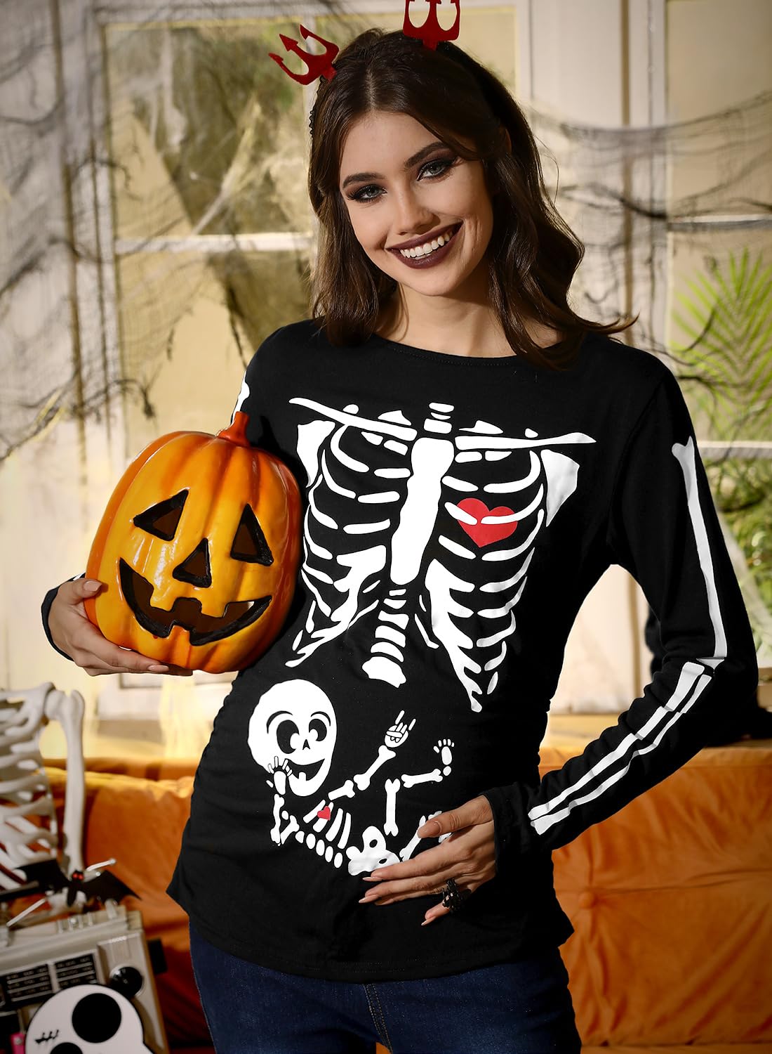 For G and PL Chemise de grossesse à manches longues pour femme Halloween S-XXL | Costume extensible à manches longues pour fête à thème squelette citrouille imprimé famille enceinte chemise
