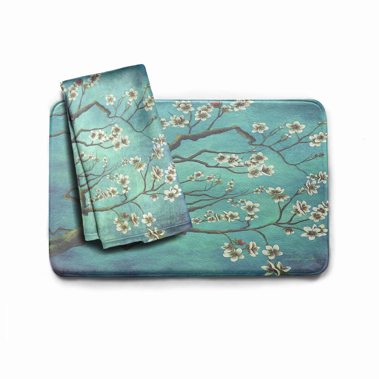 Almond Tree Bathroom Mat & Hand Towel (2-Piece Set) - Fine Art Print Bathroom Floor Mats - Micro Fiber Polyester Decorative Bath Set -Soft Flannel Top & Memory Foam Machine Washable Bath Mat Set