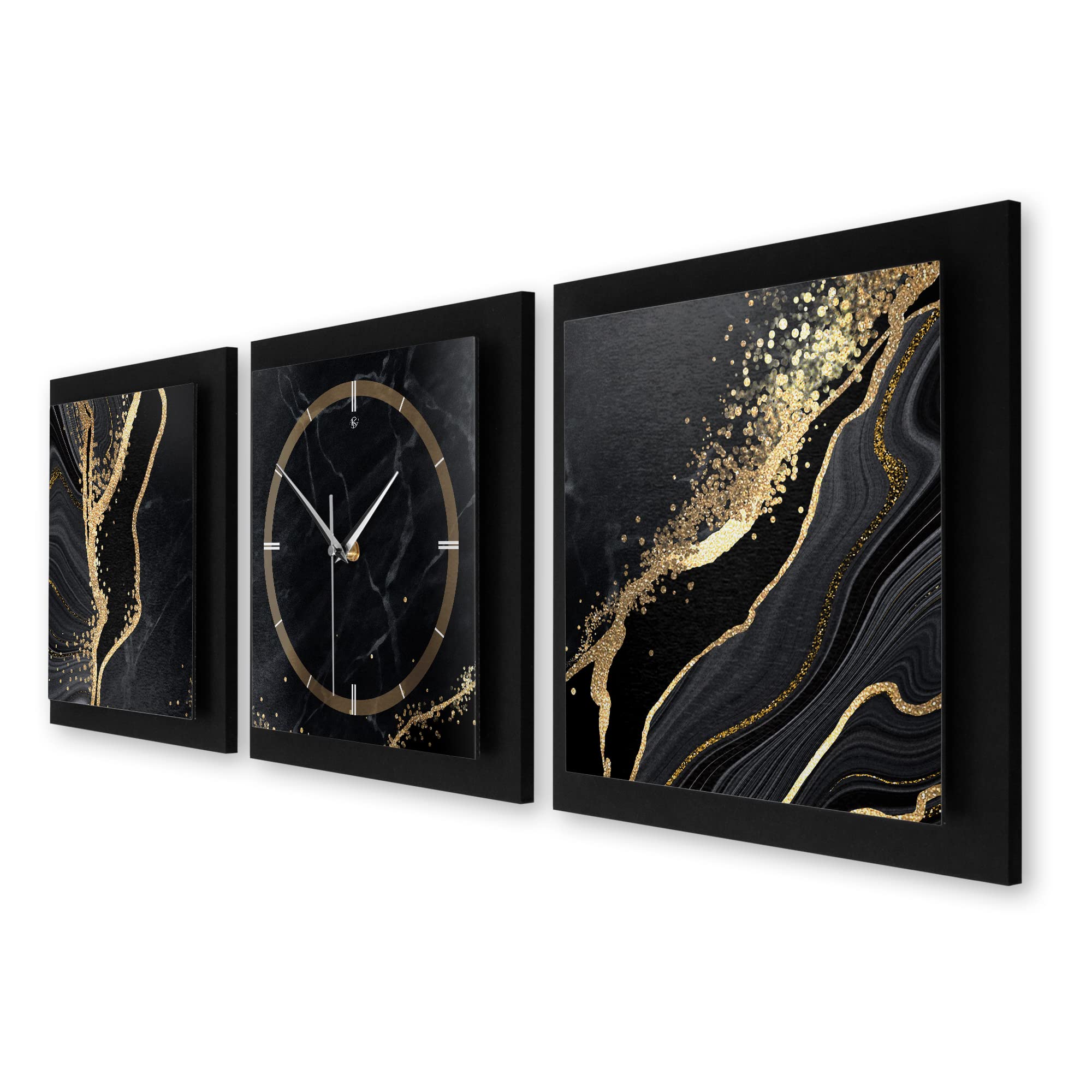 3D Designer-Wanduhr Gold & Black Marble 3-teilige Quarzuhr 150x50cm Schwarz in modernem Metallic-Look rechteckig ohne Tickgeräusche (Gold & Black Marble Querformat, 150x50cm; leises Quarzuhrwerk)