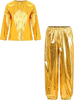 Loodgao Modern Jazz Hip Hop Dance Outfit for Kids Boys Girls Shiny Metallic Long Sleeve T-Shirts with Pants Set