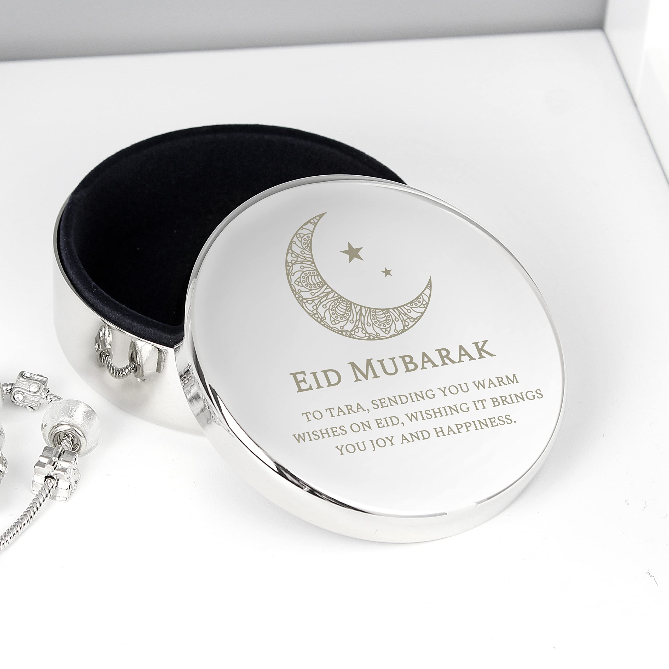 Personalised Memento Silver Custom Personalised Eid Round Trinket Box