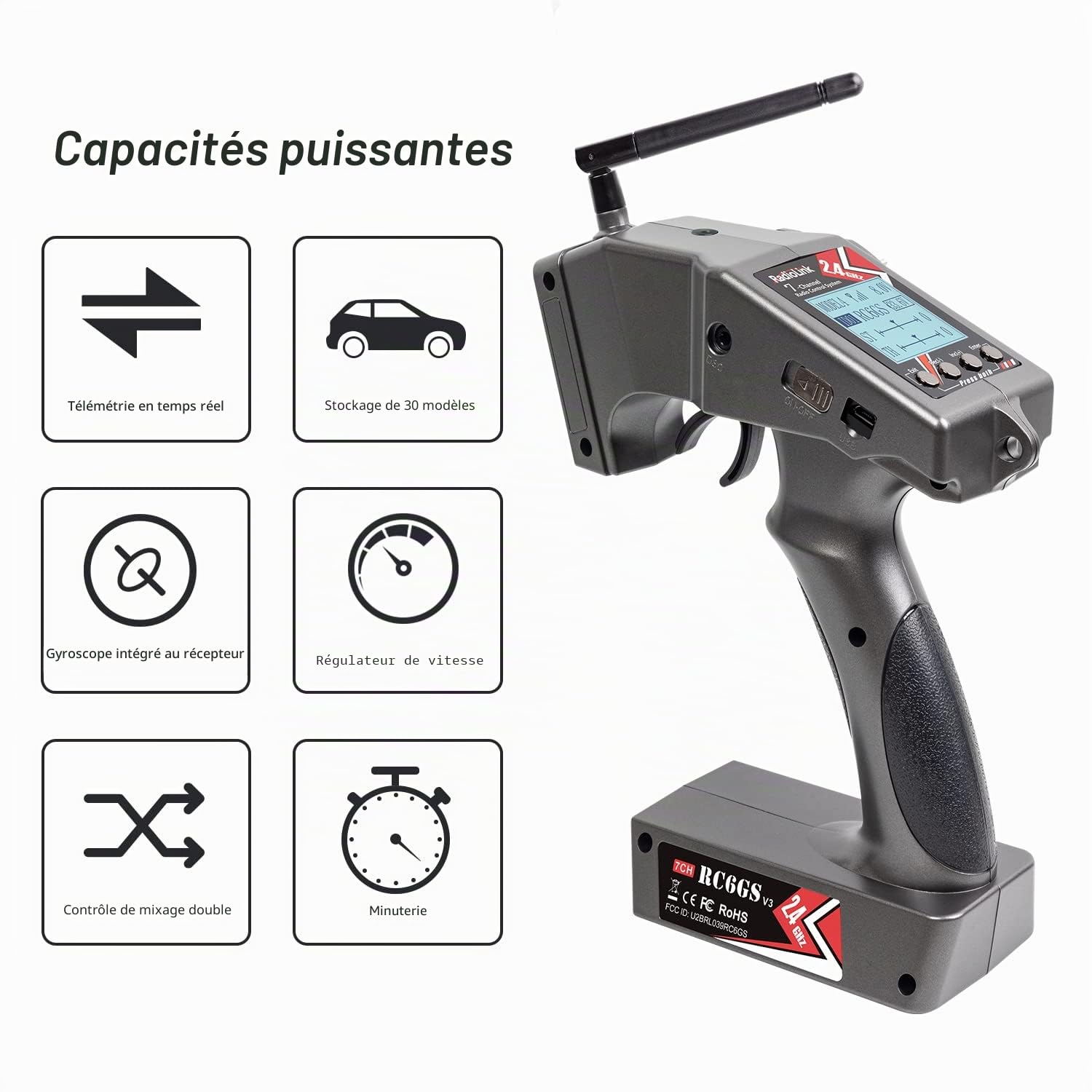 Radiolink RC6GS V3 RC Émetteur Radiocommande 7 Canaux avec Récepteur R7FG, Télémétrie Tension, 2,4 GHz