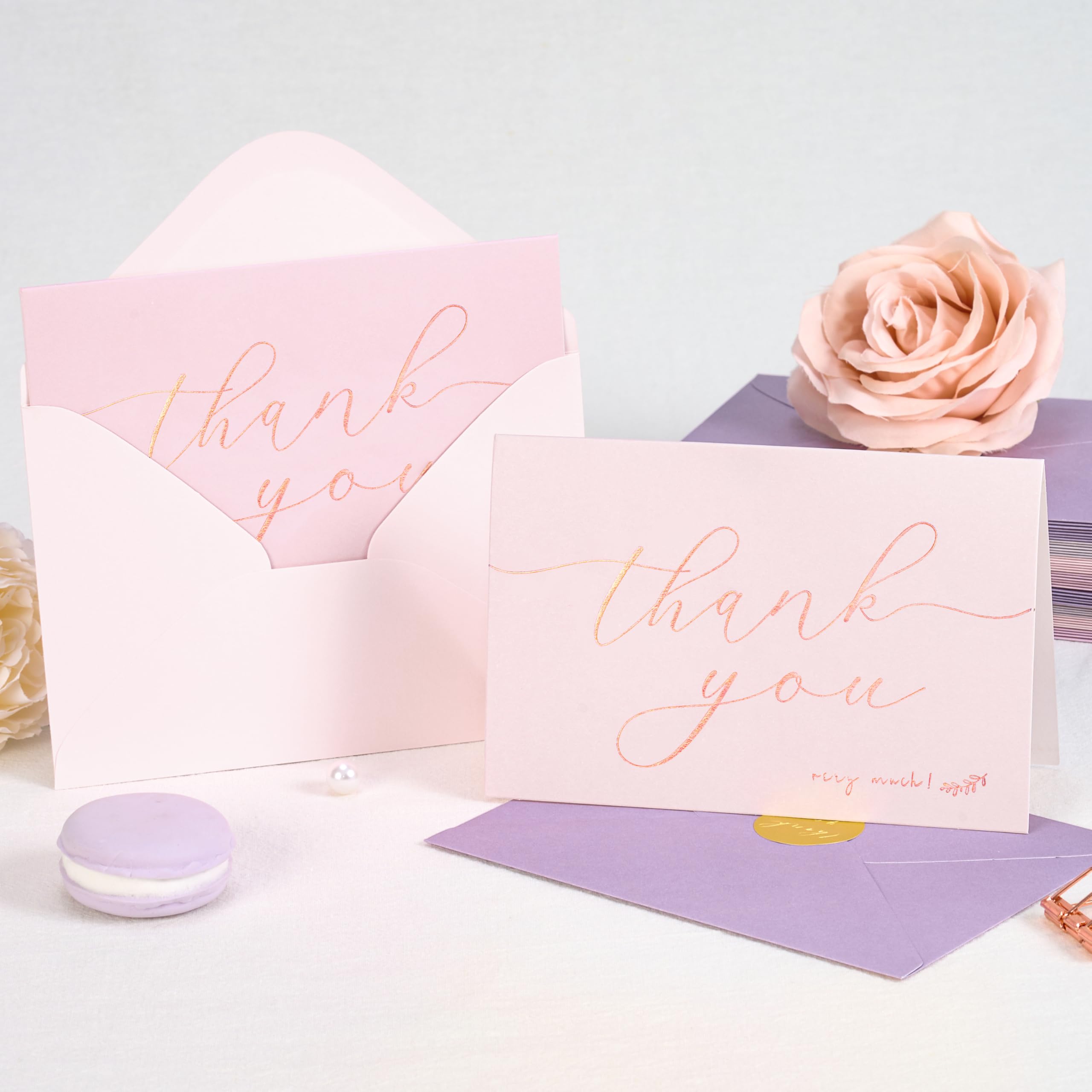 Crisky 50 tarjetas de agradecimiento de tono lavanda con sobres y calcomanías, tarjetas de felicitación simples y elegantes, perfectas para bodas, negocios, cumpleaños, graduación, 4 x 6 pulgadas