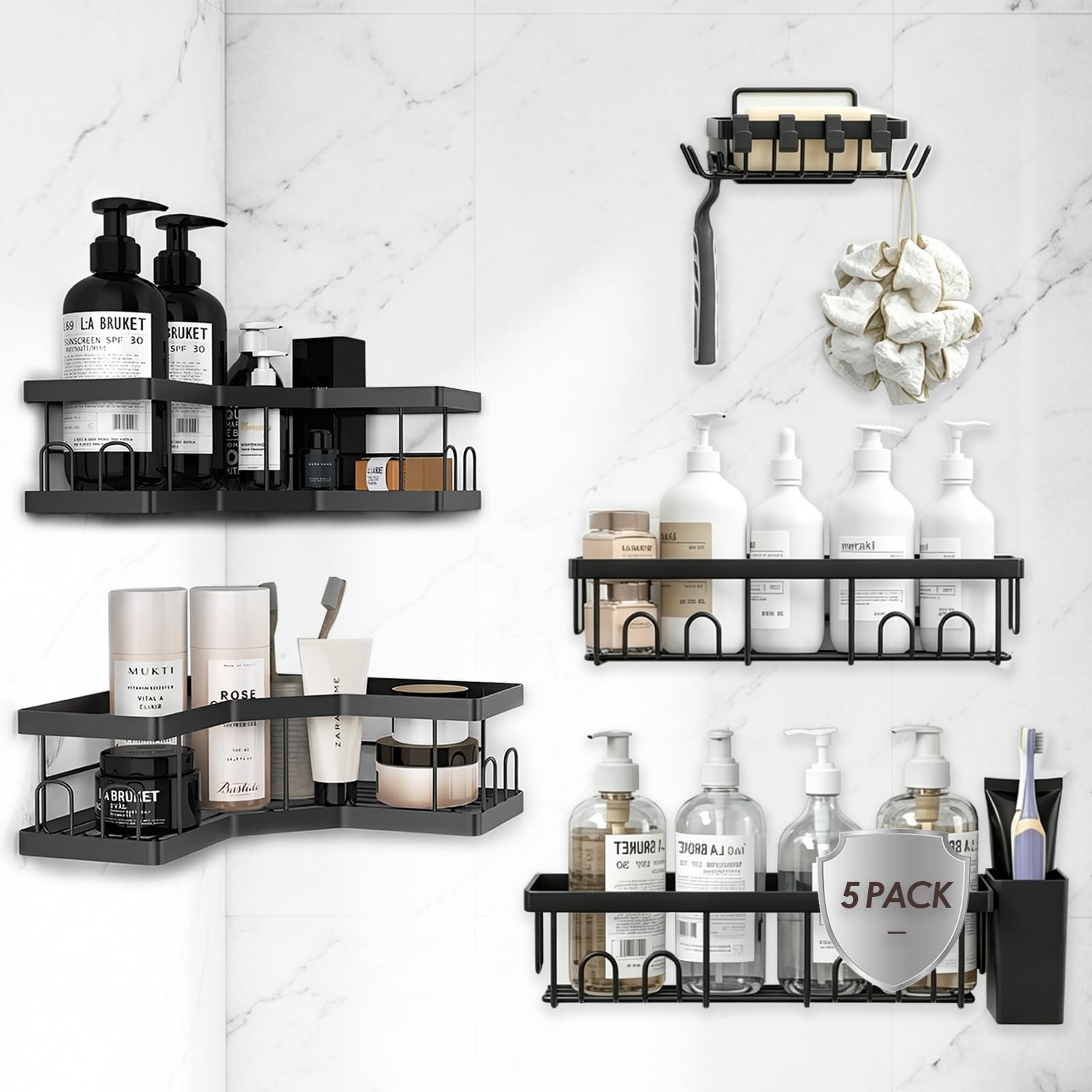 Rangement salle de bain d'angle et droit AceMining noir inoxydable sans percer
